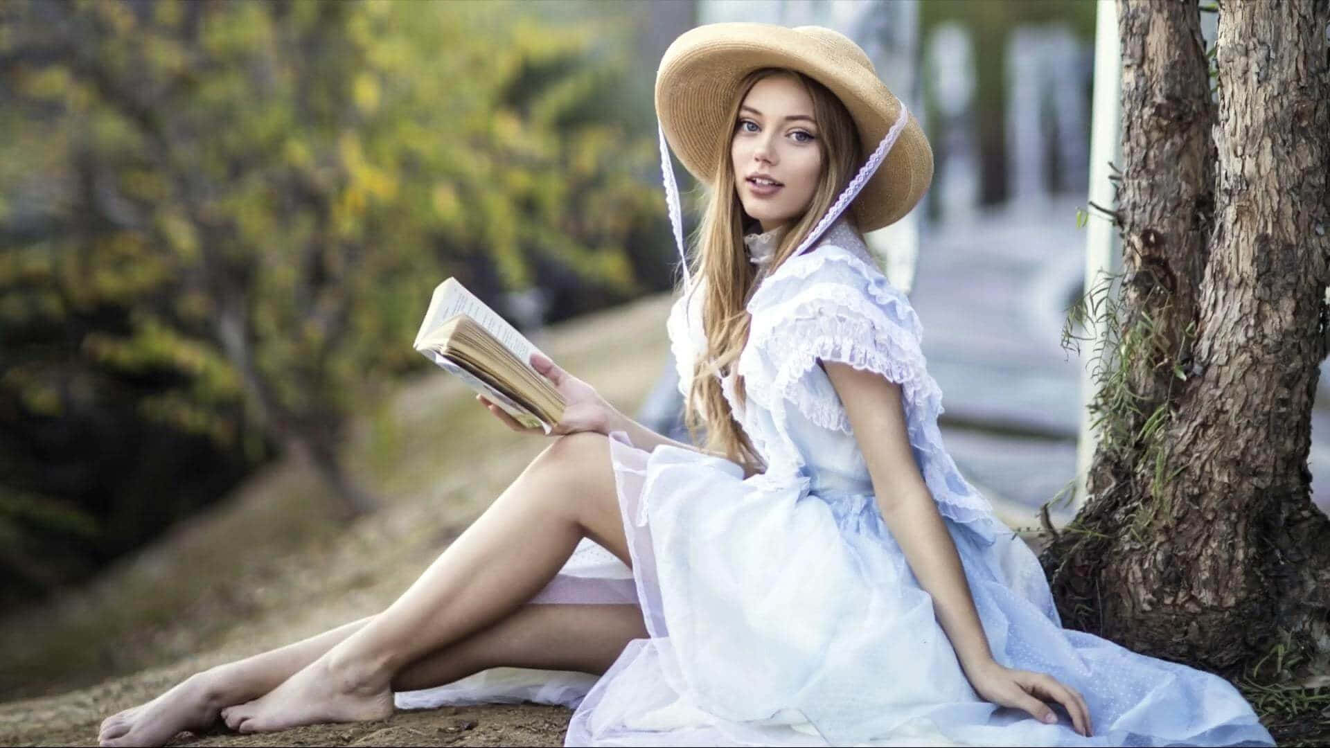 Grace Van Dien, light blue dress, straw hat, Full HD Desktop Wallpaper