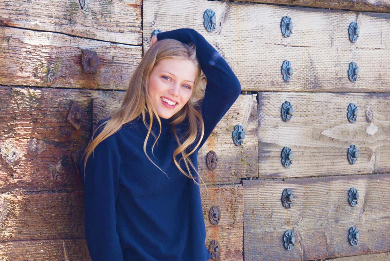 Grace Van Dien, navy turtleneck, weathered wooden wall, HD Desktop Wallpaper