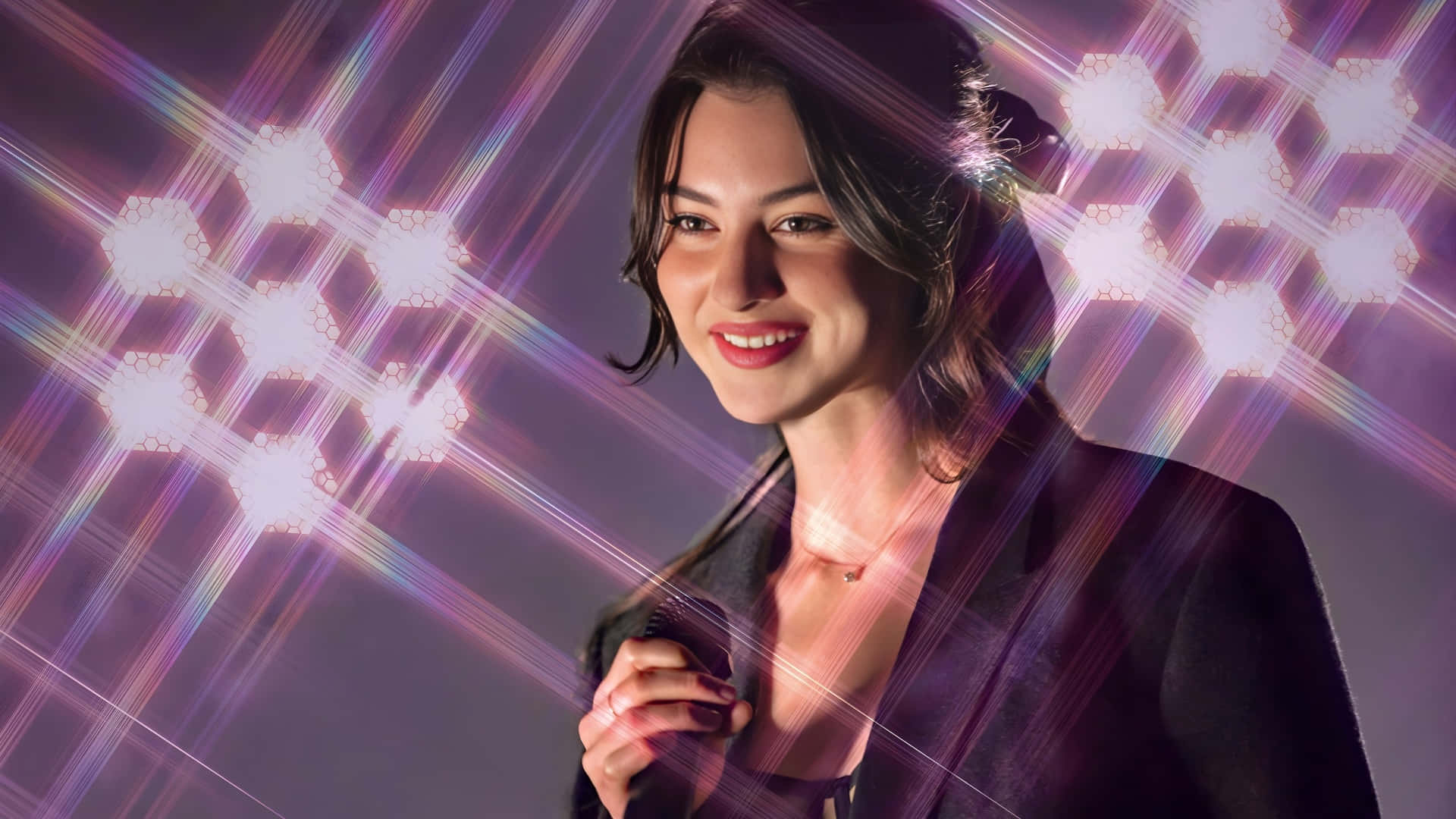 Gracie Abrams, dark blazer, microphone, Full HD Desktop Wallpaper
