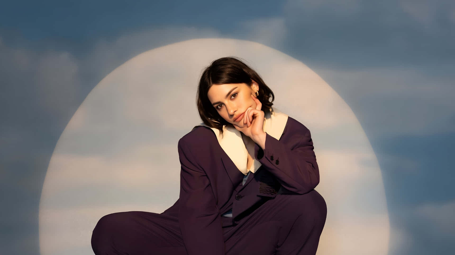 Gracie Abrams, purple suit, circular moon backdrop, Full HD Desktop Wallpaper