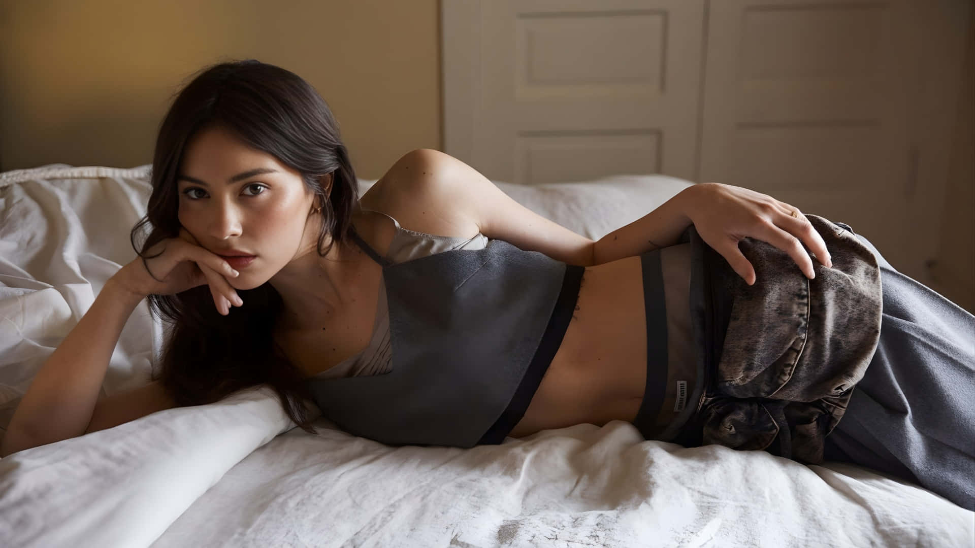 Gracie Abrams, dark hair, grey lingerie, Full HD Desktop Wallpaper