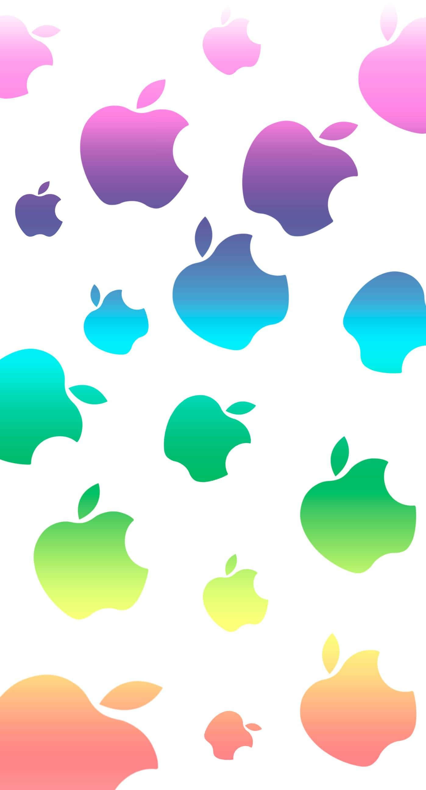 Colorful iPhone, gradient Apple logos, clean white background, 2K Phone Wallpaper