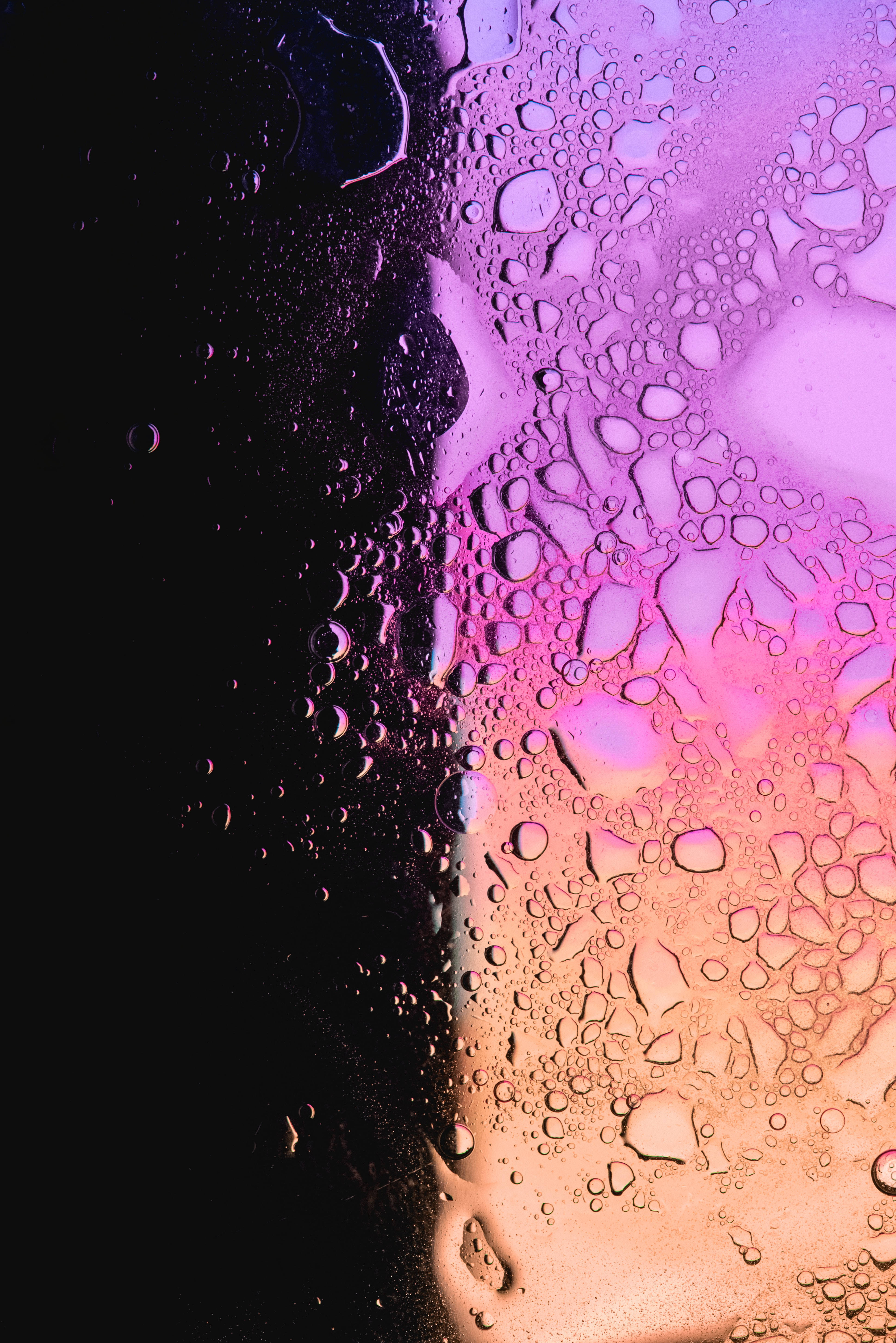 vivid purple, orange liquid droplets, dark surface, 5K Phone Wallpaper