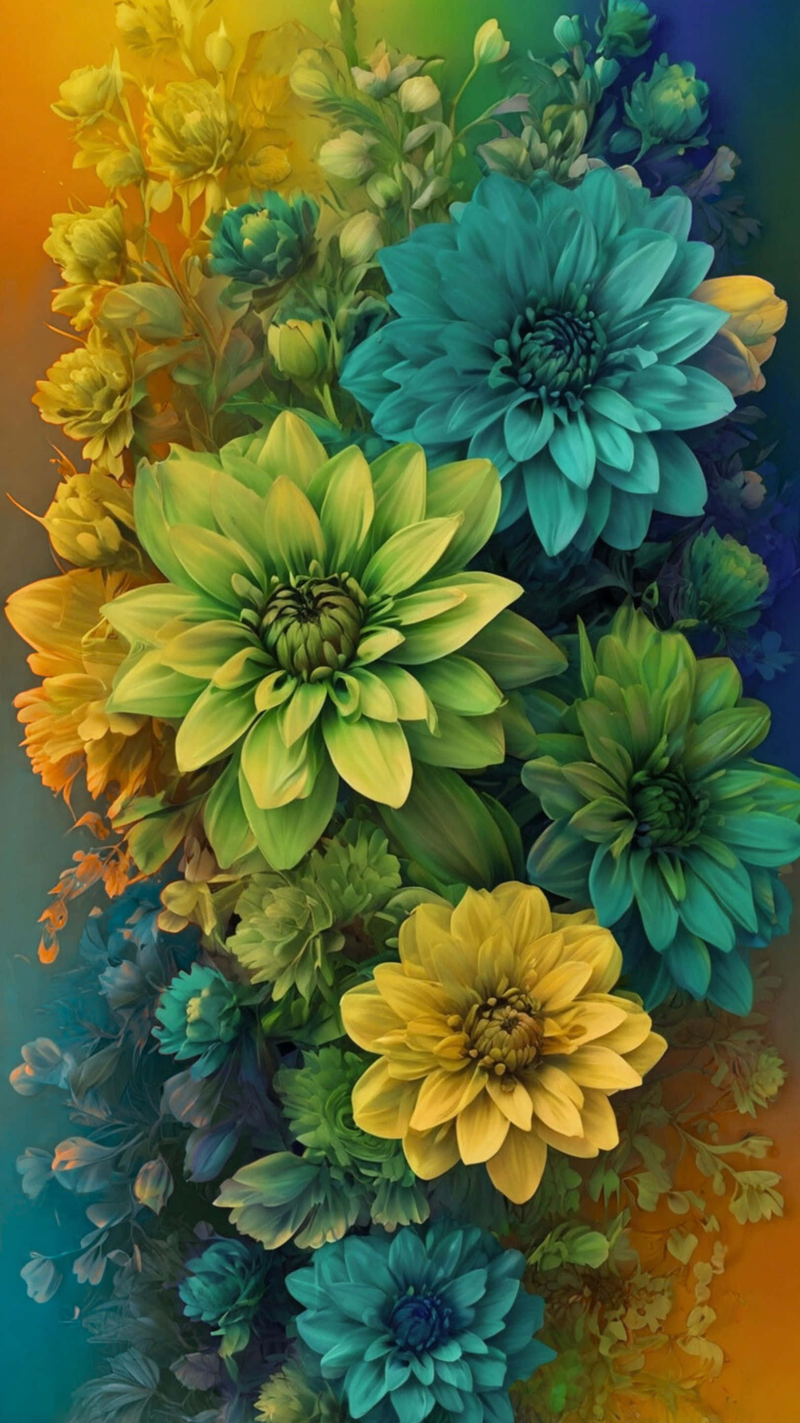 vibrant teal and yellow floral bouquet of dahlias, lush green foliage, abstract gradient, 2K Phone Wallpaper