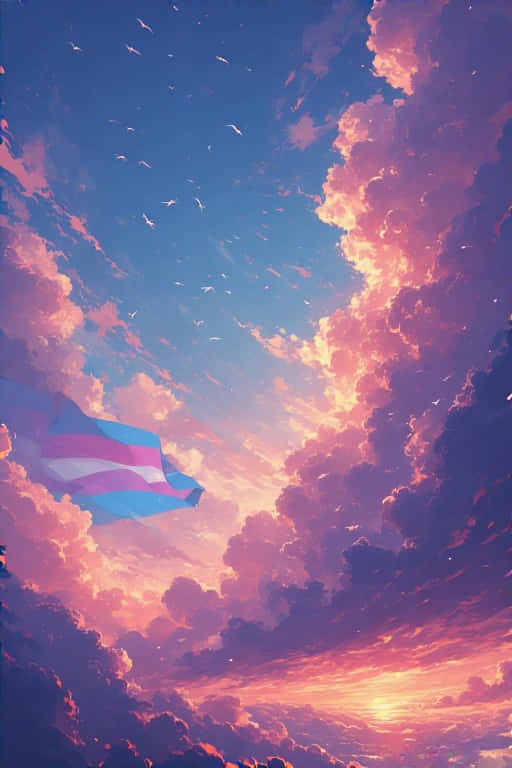 transgender pride flag, vibrant sunset sky, pink orange and blue clouds, SD Phone Wallpaper