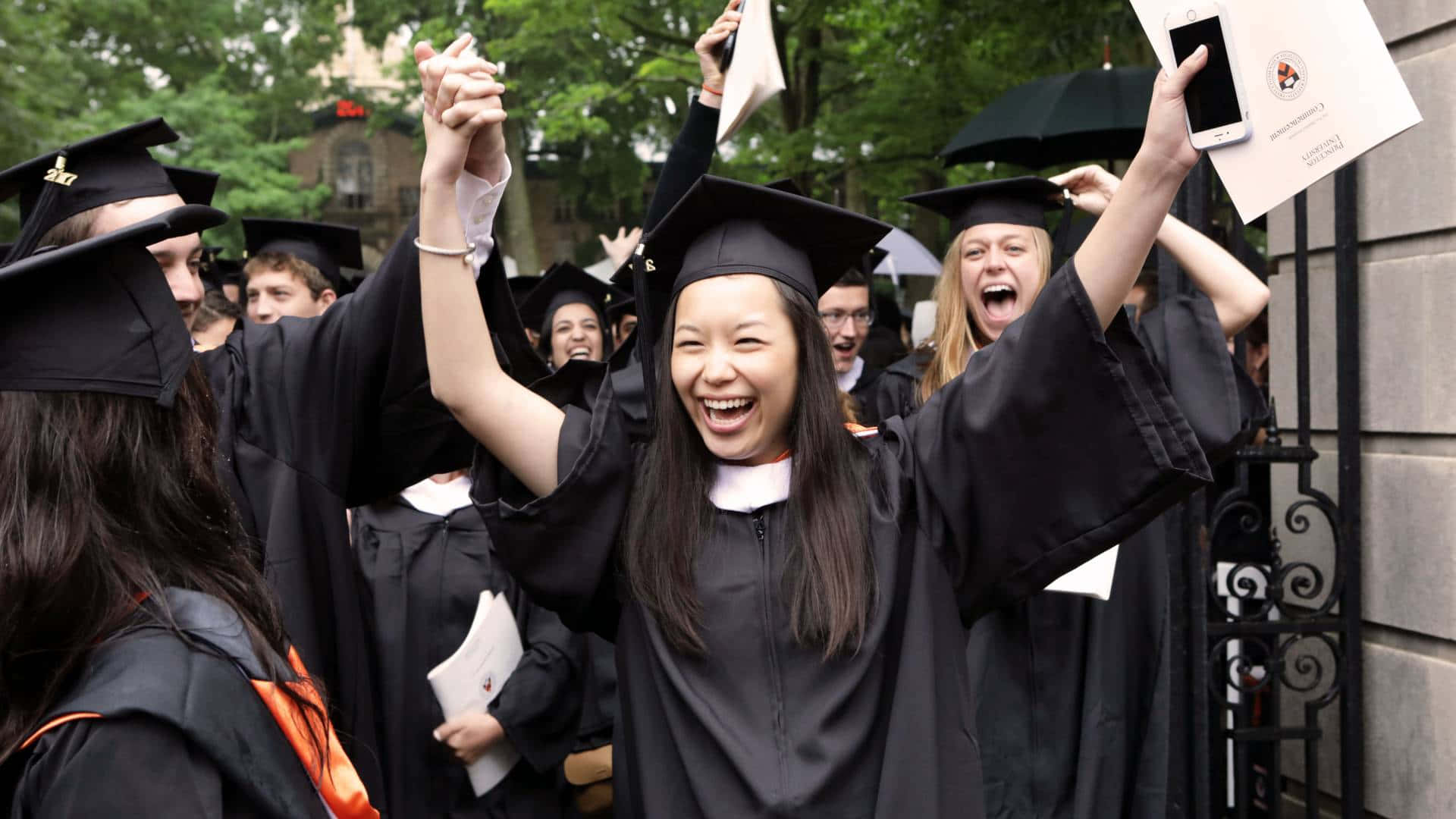 Graduation Ceremony, black caps and gowns, green trees, Full HD Desktop Wallpaper