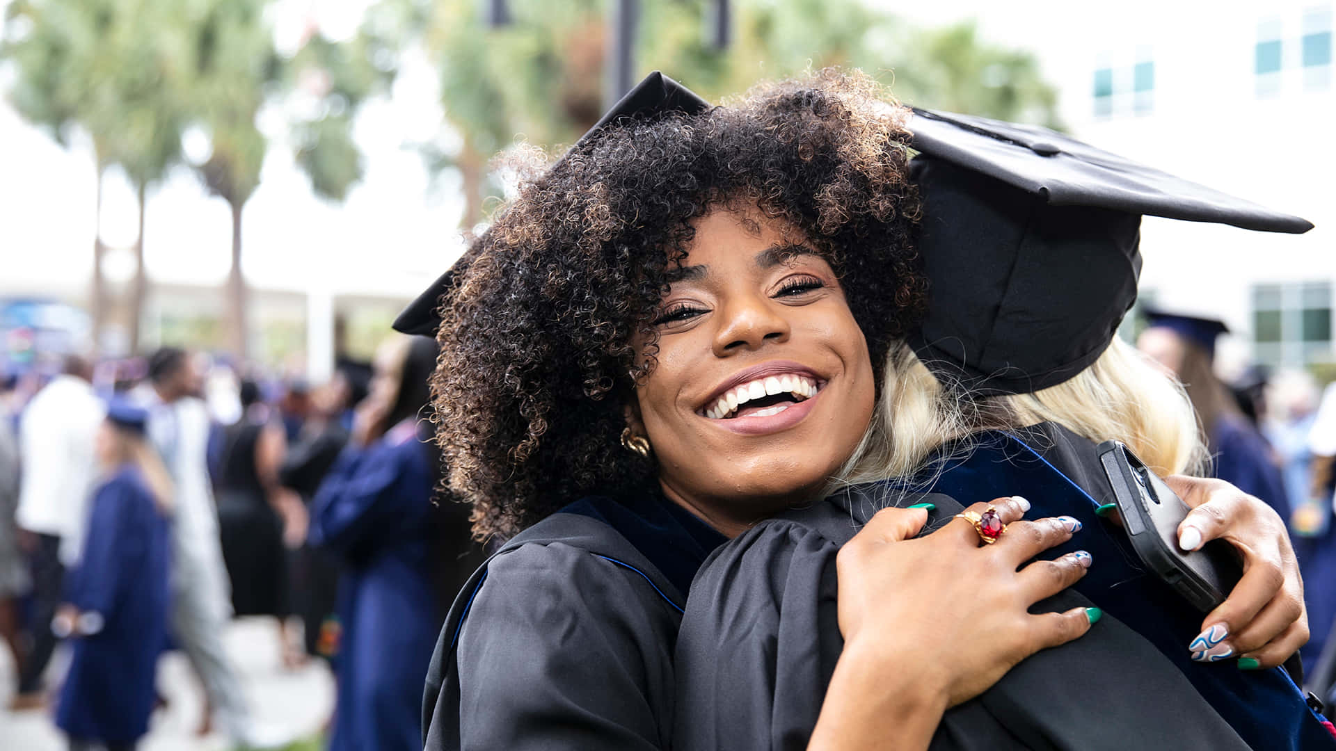 graduation ceremony, black caps and gowns, palm trees, Full HD Desktop Wallpaper