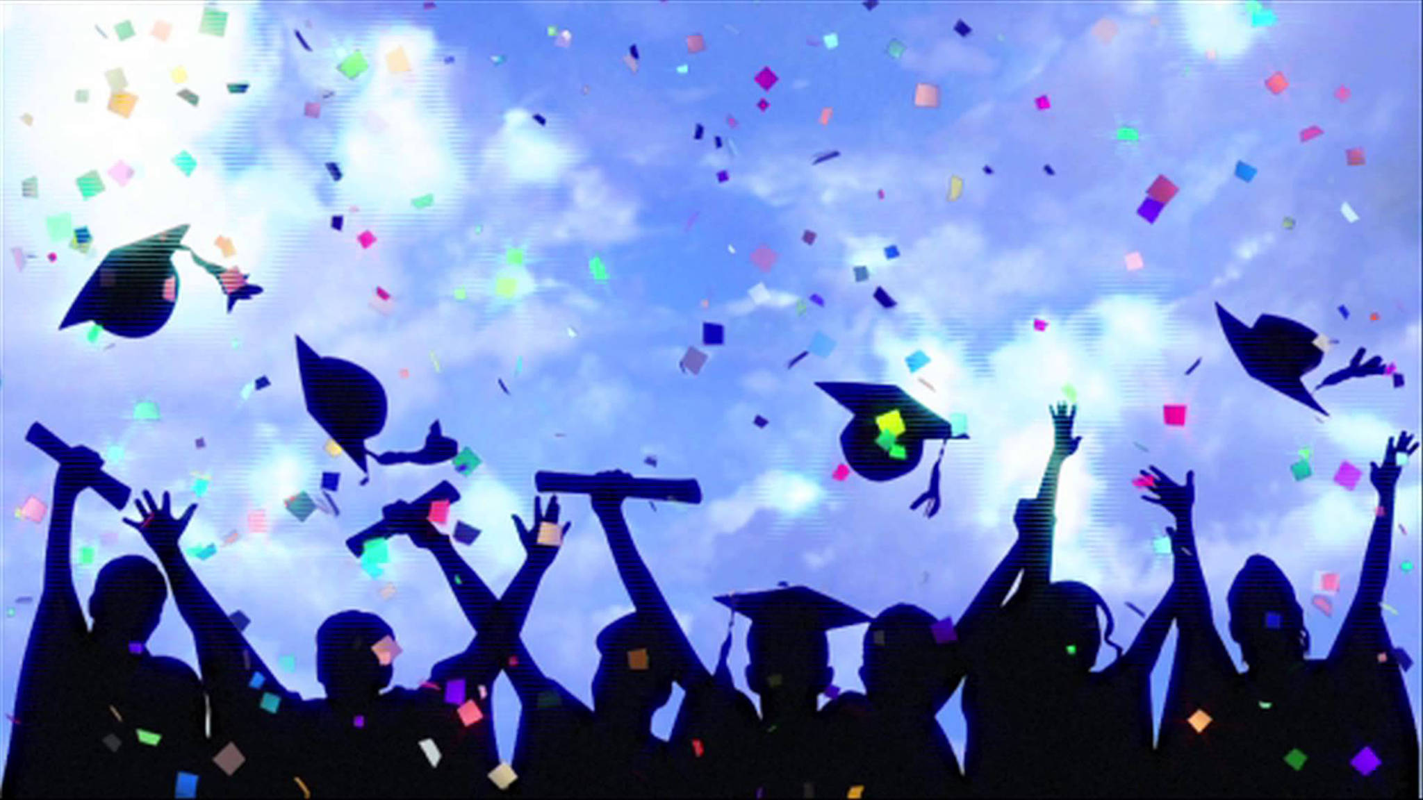 Graduation Celebration, silhouetted graduates, toss caps, Full HD Desktop Wallpaper