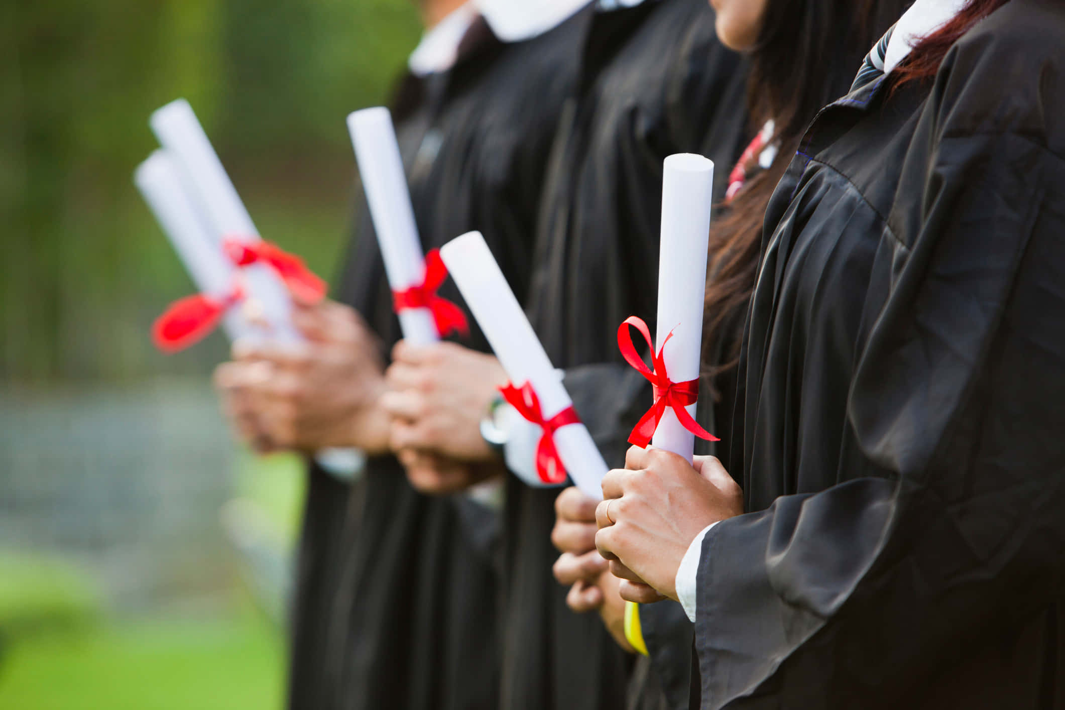 graduation ceremony, black gowns, red ribbons, Full HD Desktop Wallpaper