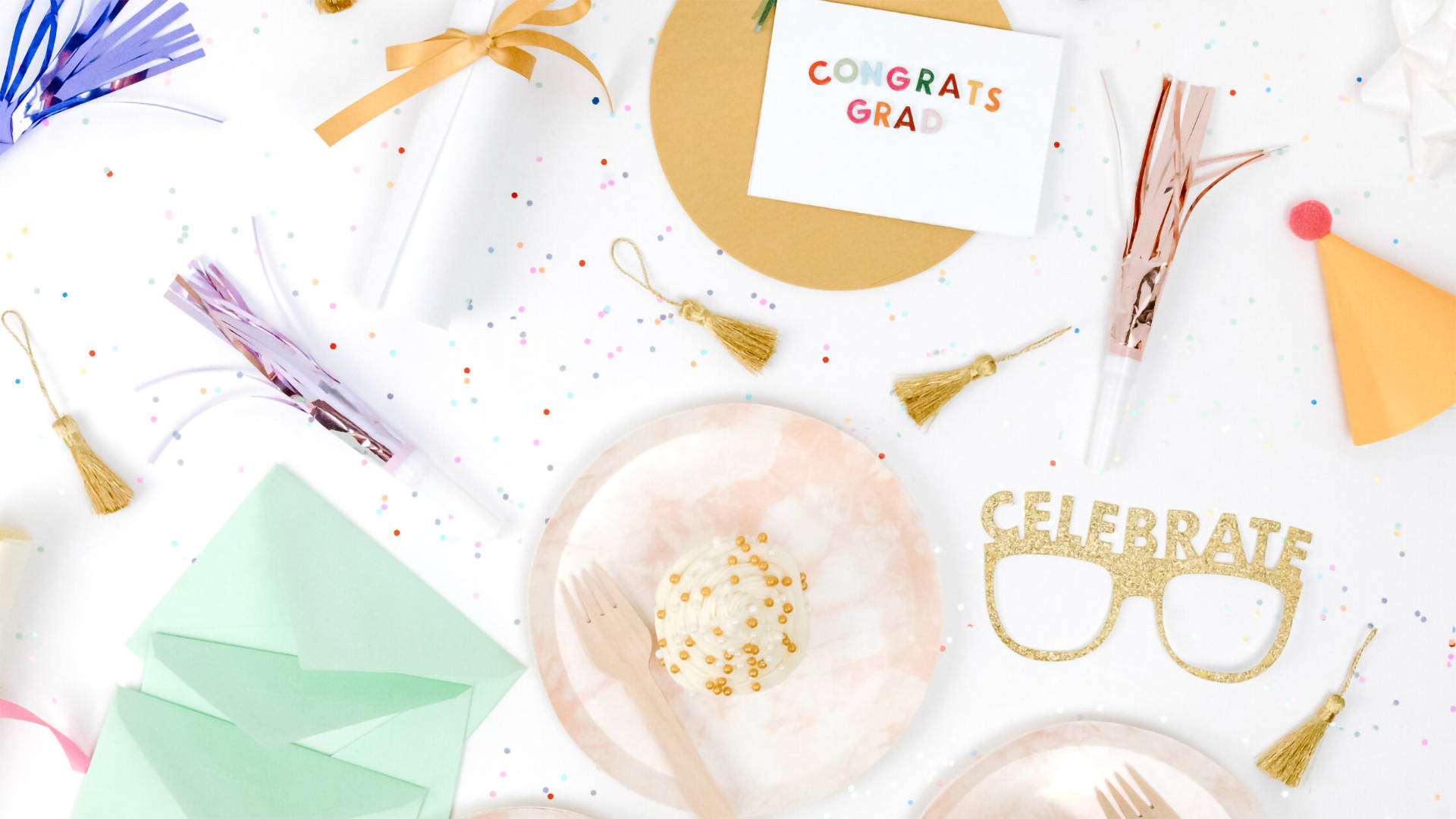 graduation party decorations, confetti, glasses, Full HD Desktop Wallpaper