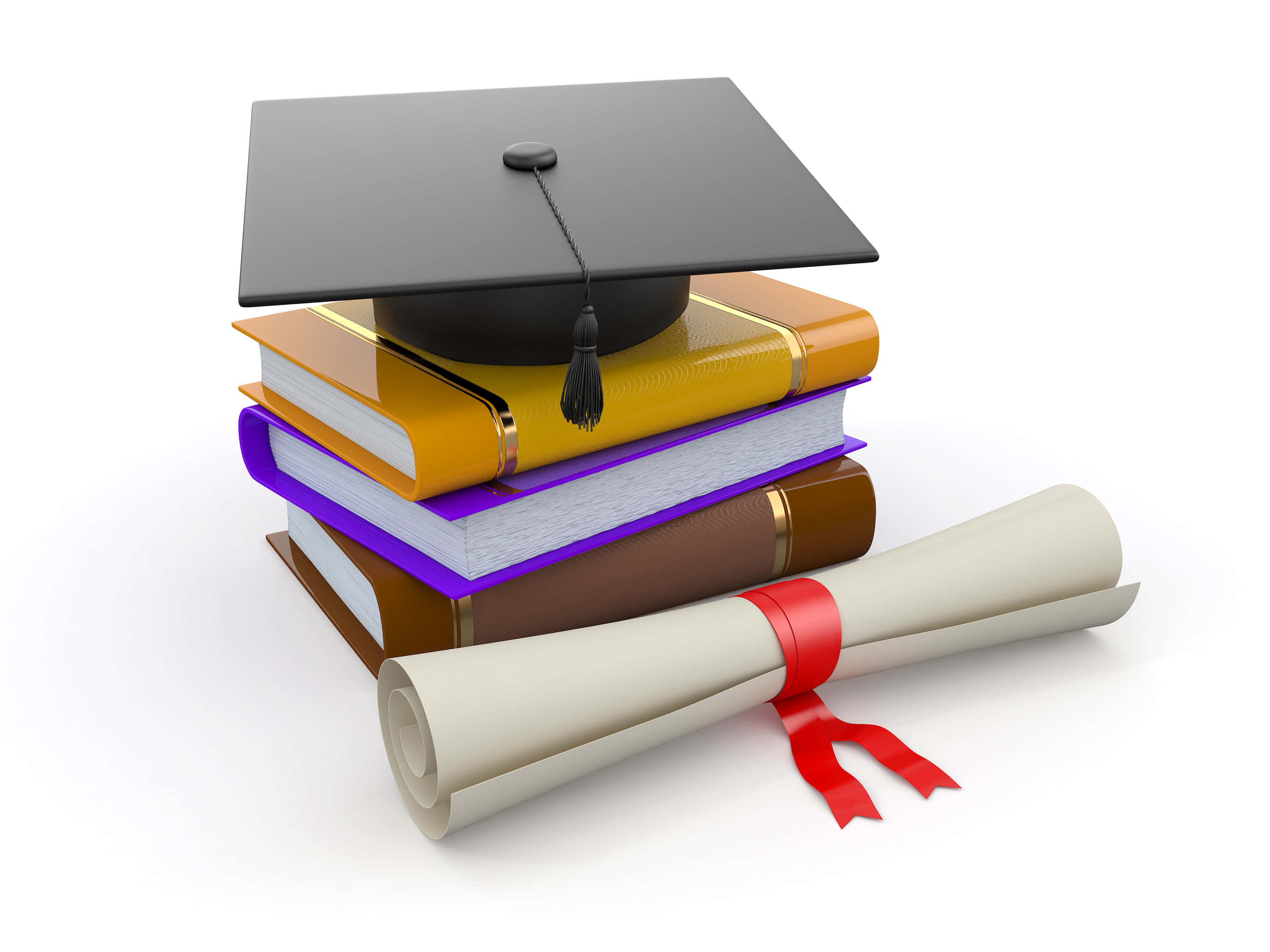 graduation cap, colorful books, rolled diploma, 2K Desktop Wallpaper