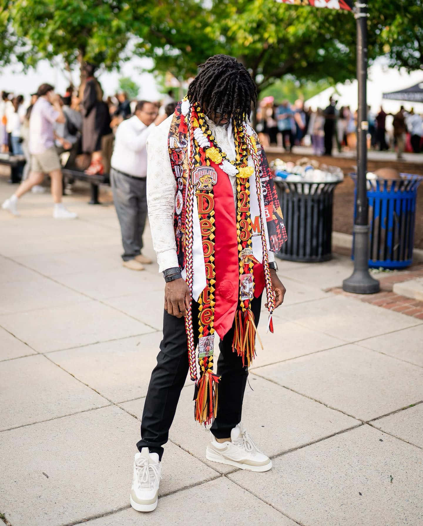 dreadlocks, vibrant red and gold patterned scarf with tassels, sidewalk, HD Phone Wallpaper