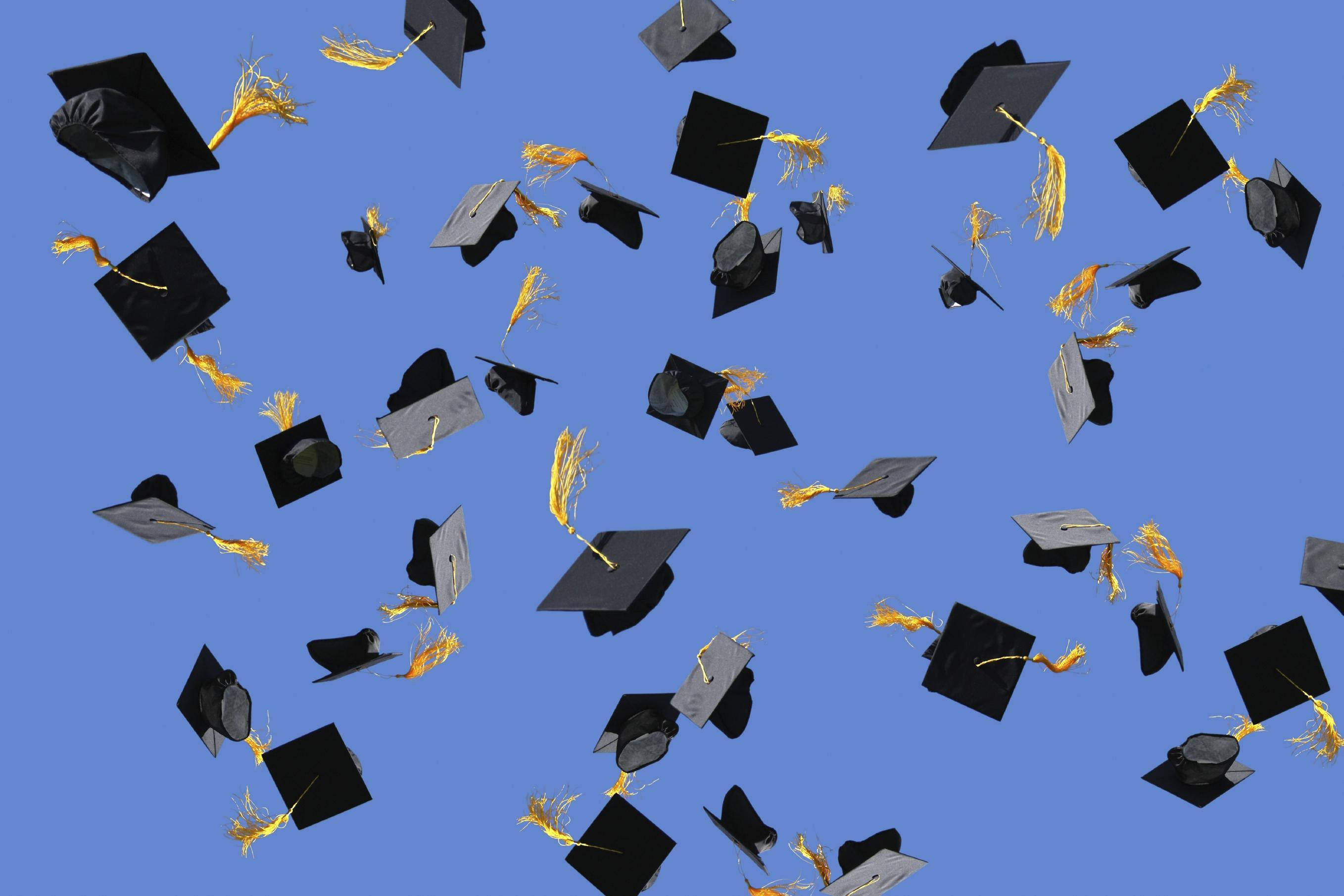 black graduation caps, gold tassels, clear blue sky, 2K Desktop Wallpaper