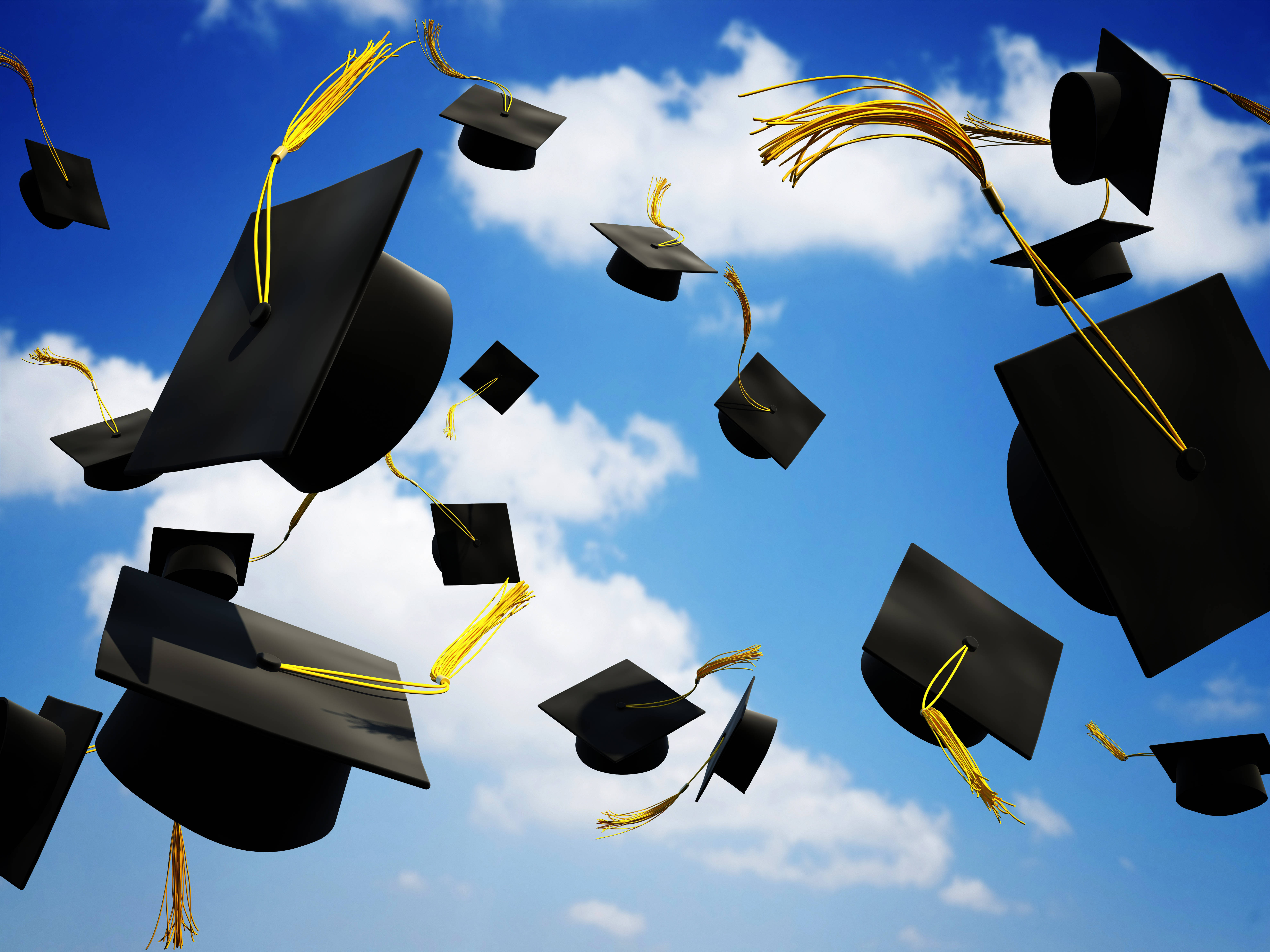 graduation cap, gold tassels, bright blue sky, 5K Desktop Wallpaper