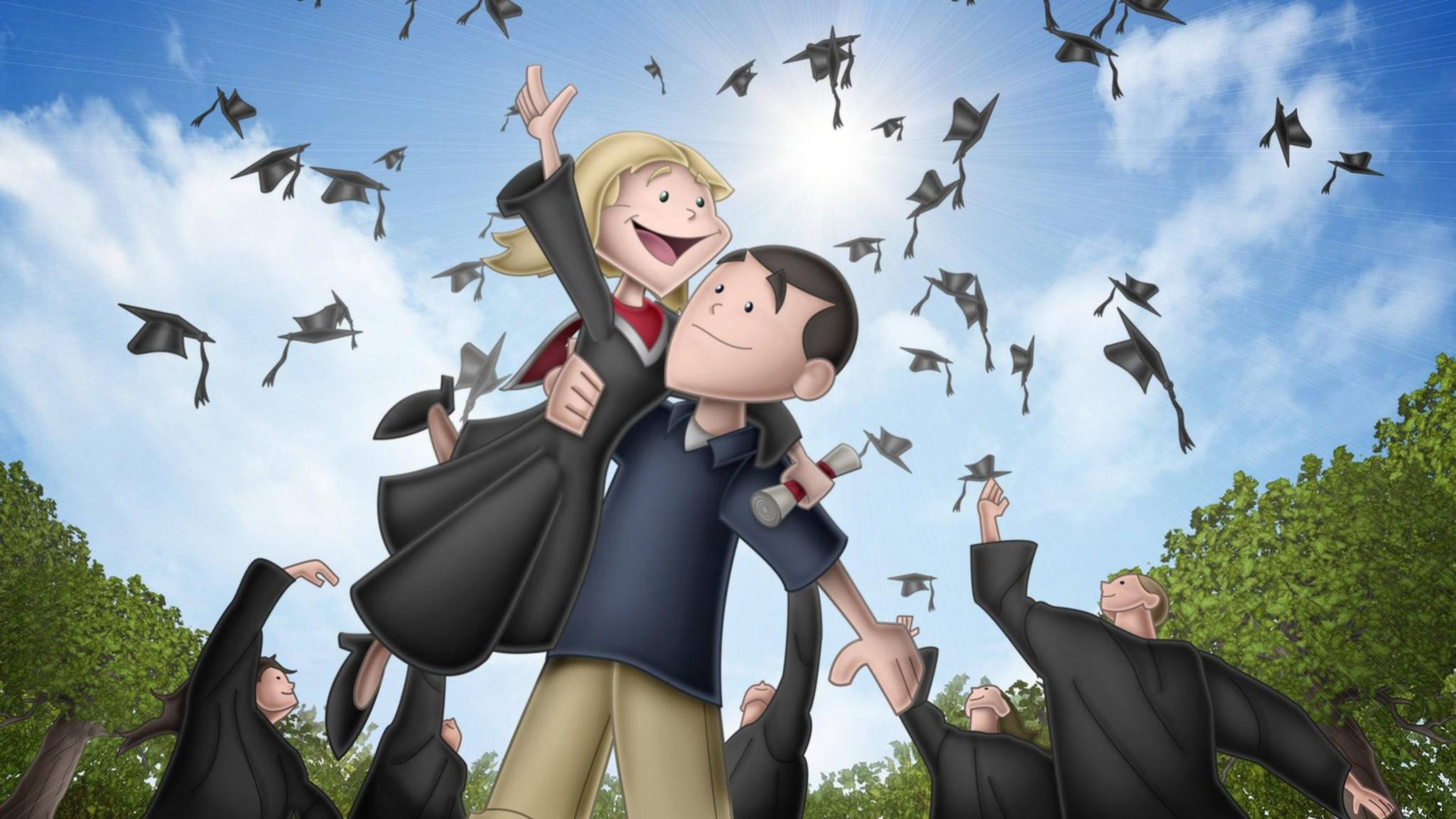 Graduation, cartoon art, flying caps, Full HD Desktop Wallpaper