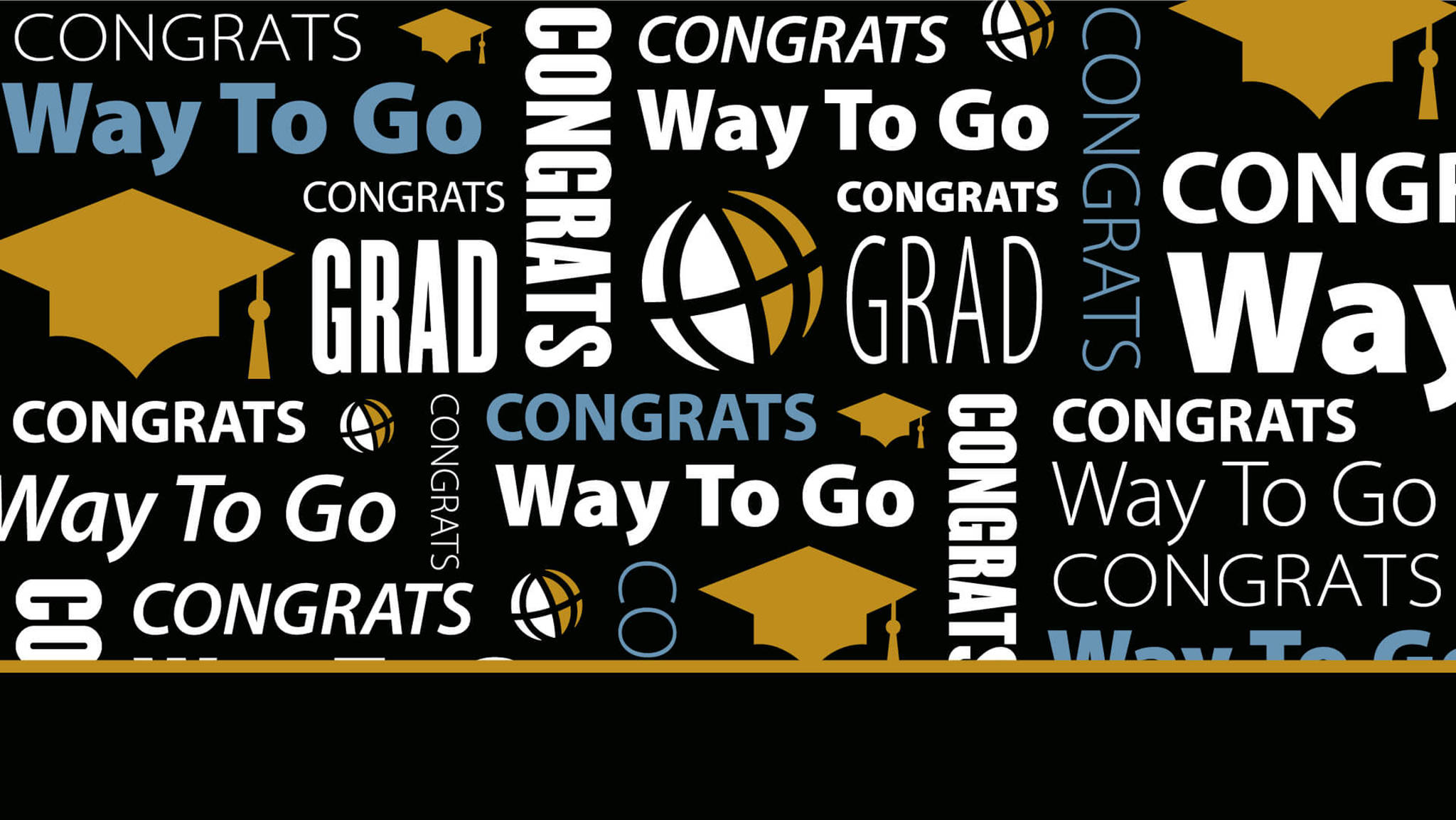 black background, gold and white graduation-themed text, caps, Full HD Desktop Wallpaper