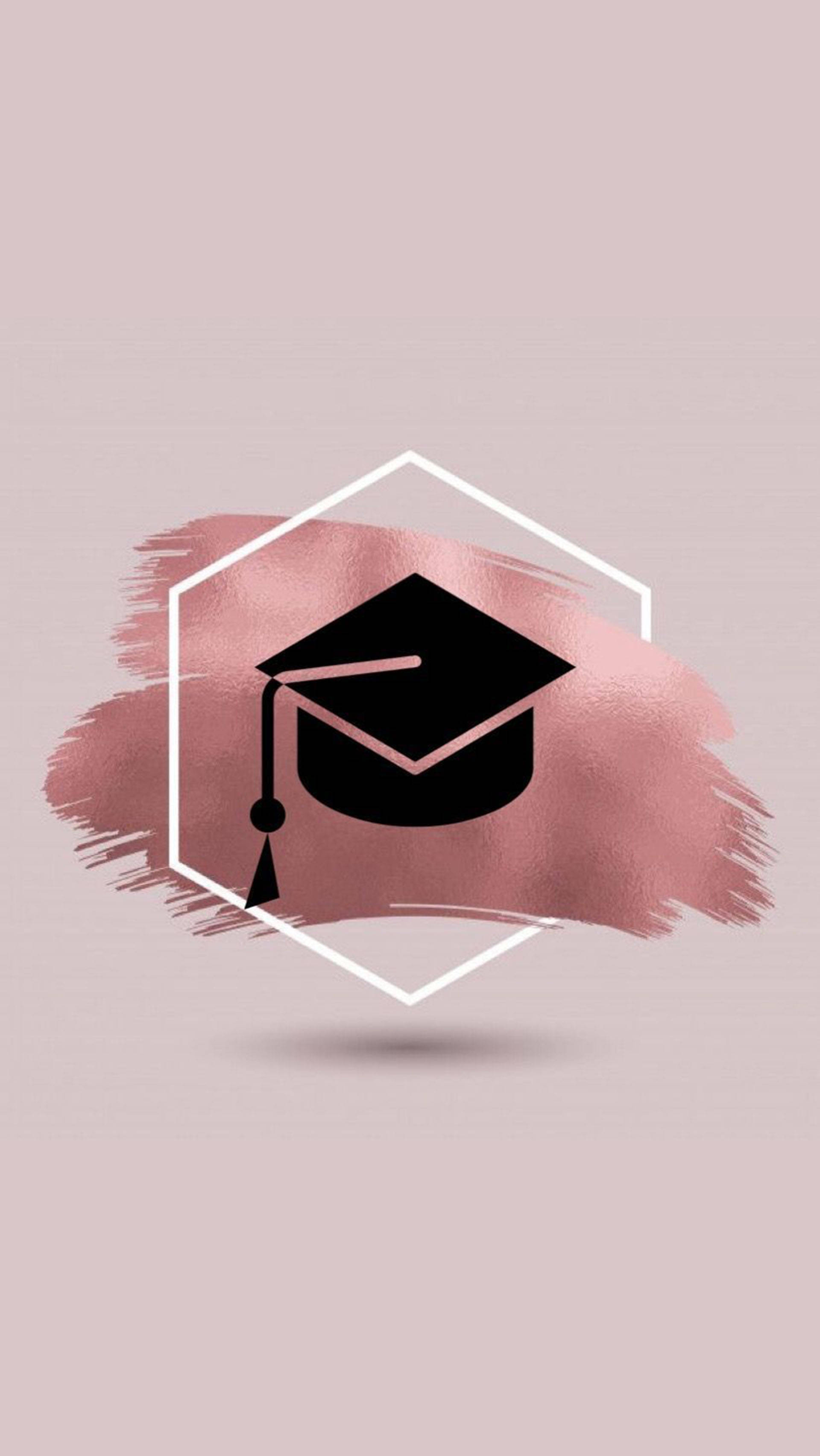 graduation cap, white hexagon, soft pink watercolor splash, 2K Phone Wallpaper