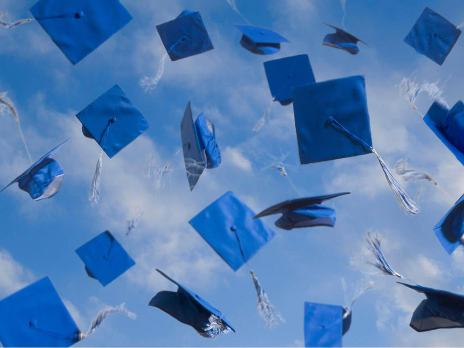 blue graduation hats, bright blue sky, scattered white clouds, Full HD Desktop Wallpaper