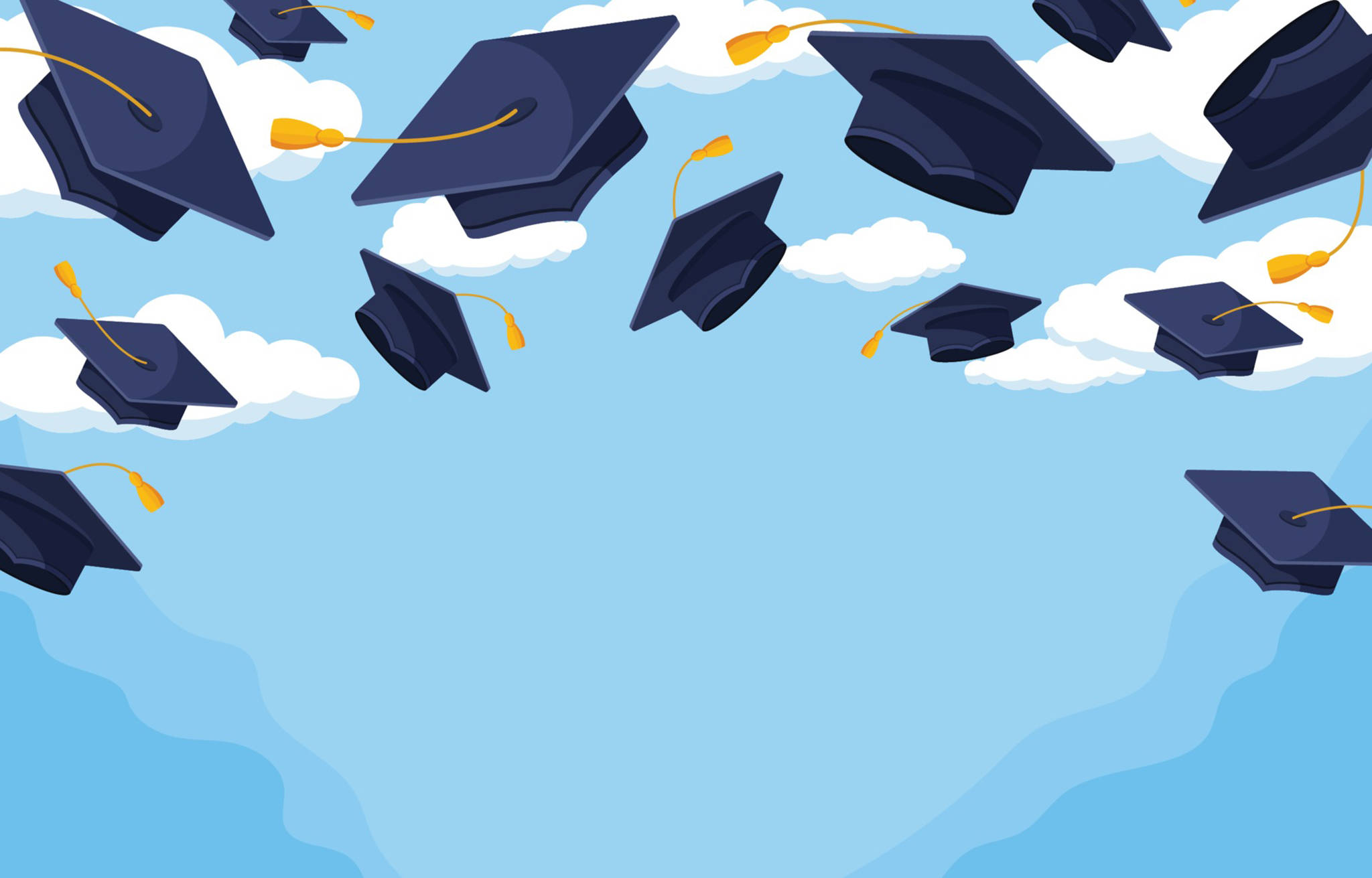 dark blue graduation caps, yellow tassels, bright blue sky, Full HD Desktop Wallpaper