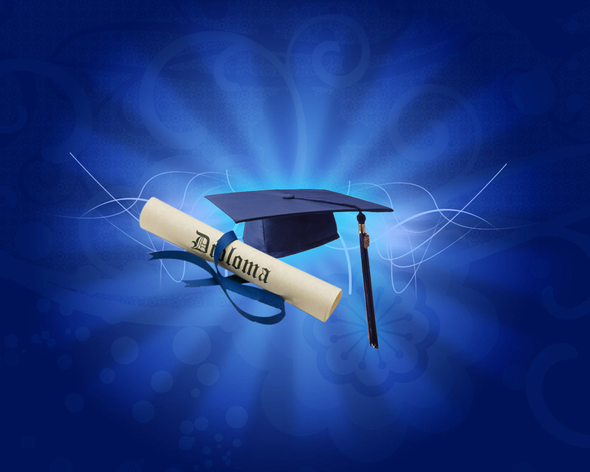 graduation cap, diploma scroll, radiant blue background, Full HD Desktop Wallpaper