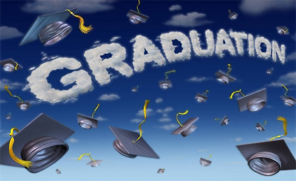 Graduation, blue sky, fluffy white clouds, SD Desktop Wallpaper