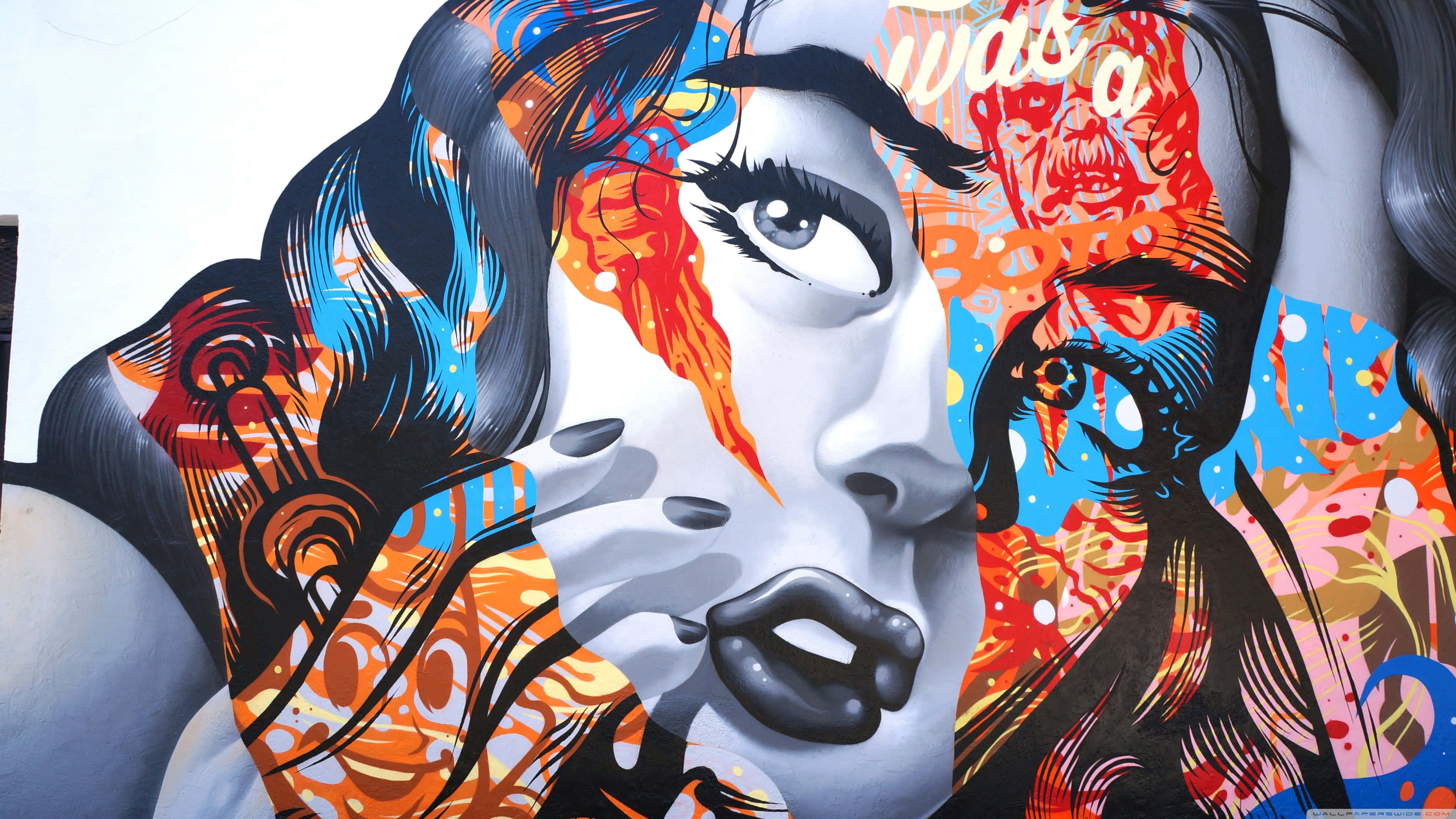 Graffiti 4K, stylized woman's face, bold orange blue and black patterns, 4K Desktop Wallpaper