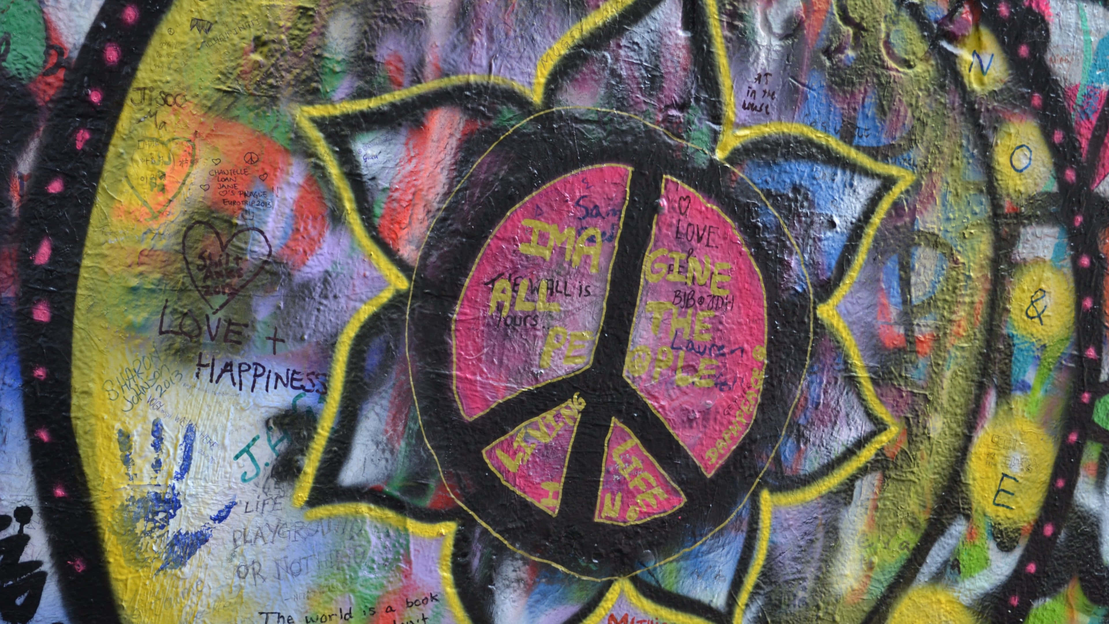graffiti, pink peace symbol, handwritten messages, 4K Desktop Wallpaper