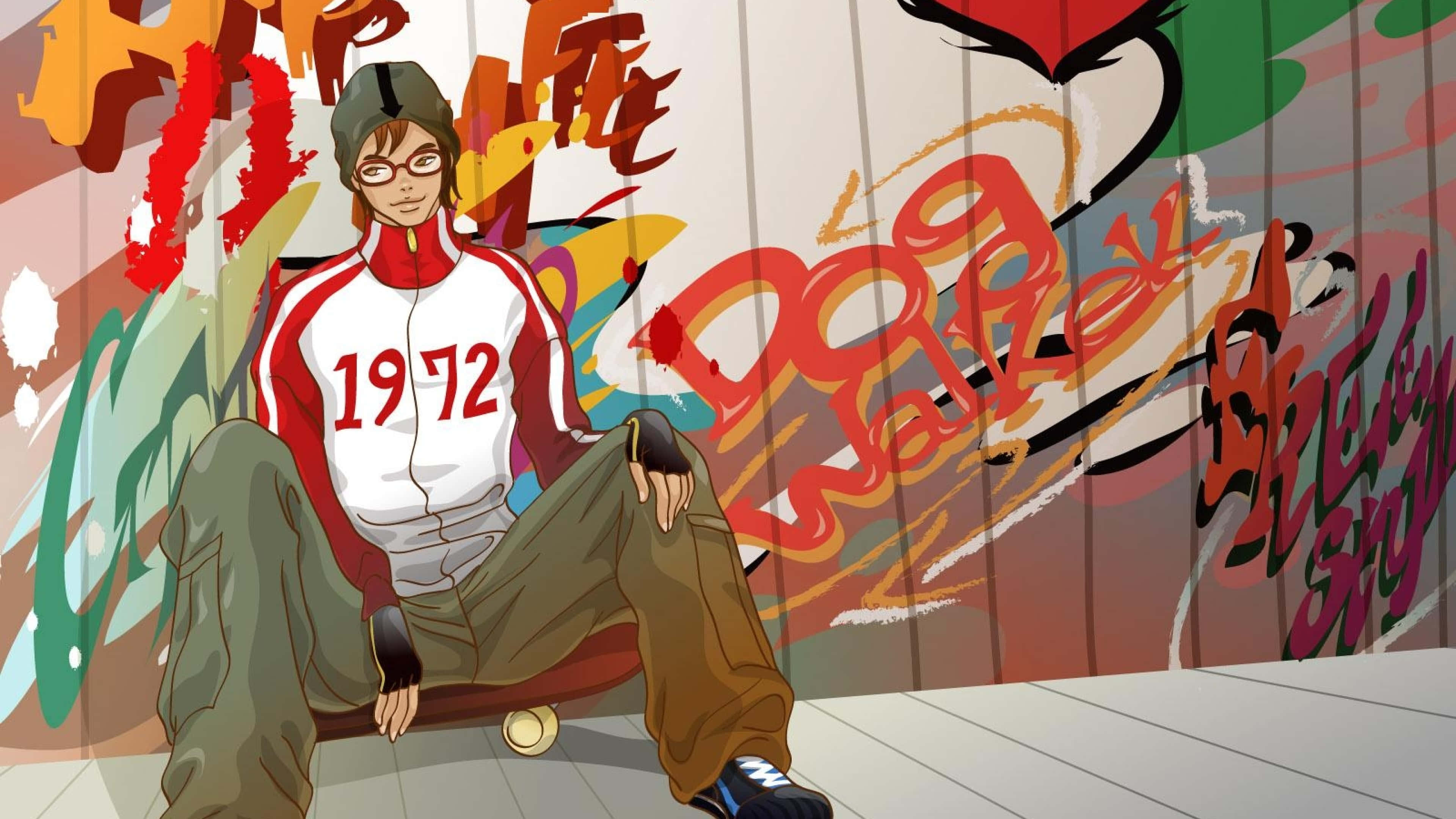 1972 jacket, anime character, vibrant graffiti-covered wall, 4K Desktop Wallpaper