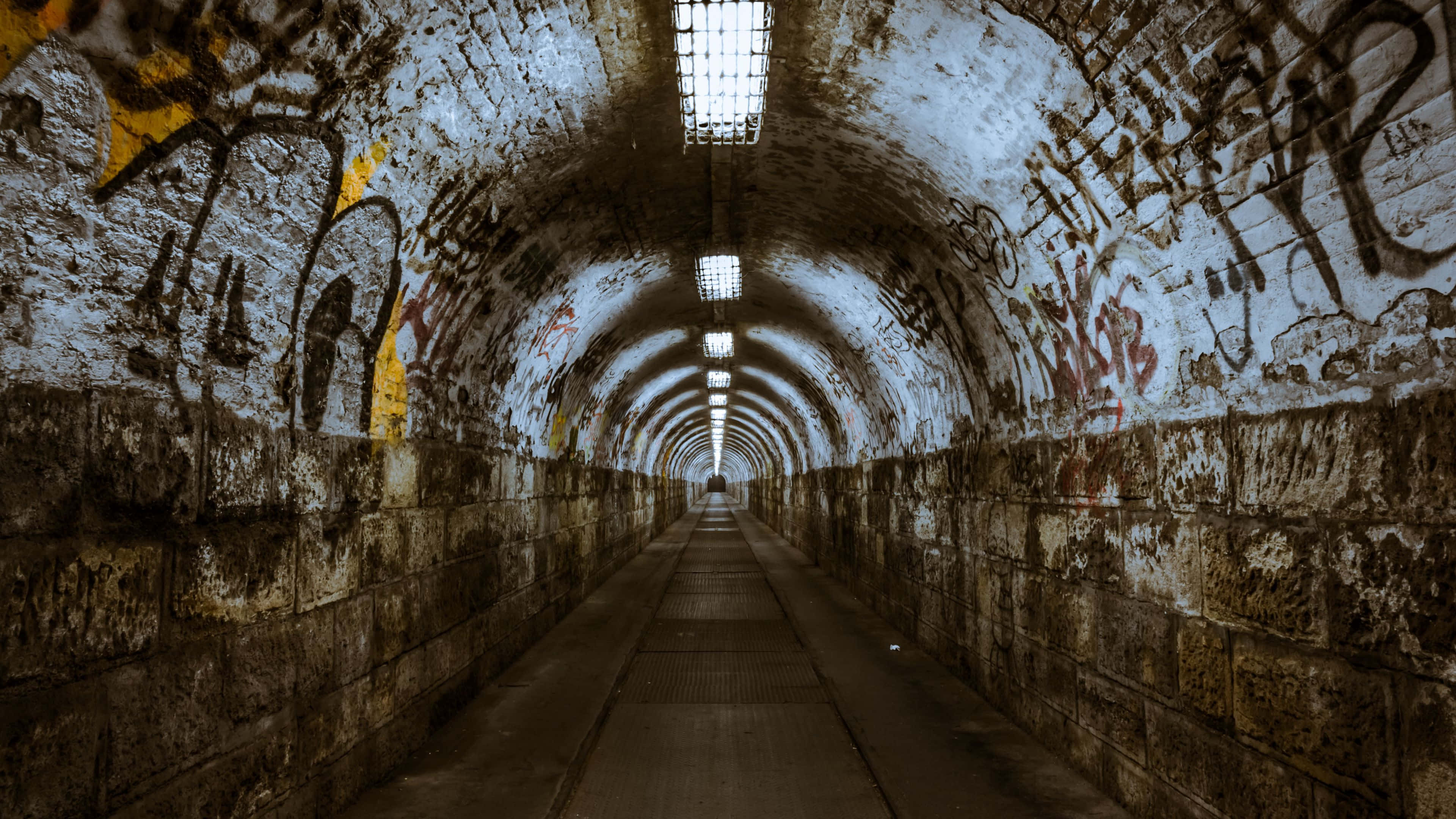 graffiti, brick tunnel, skylights, 4K Desktop Wallpaper