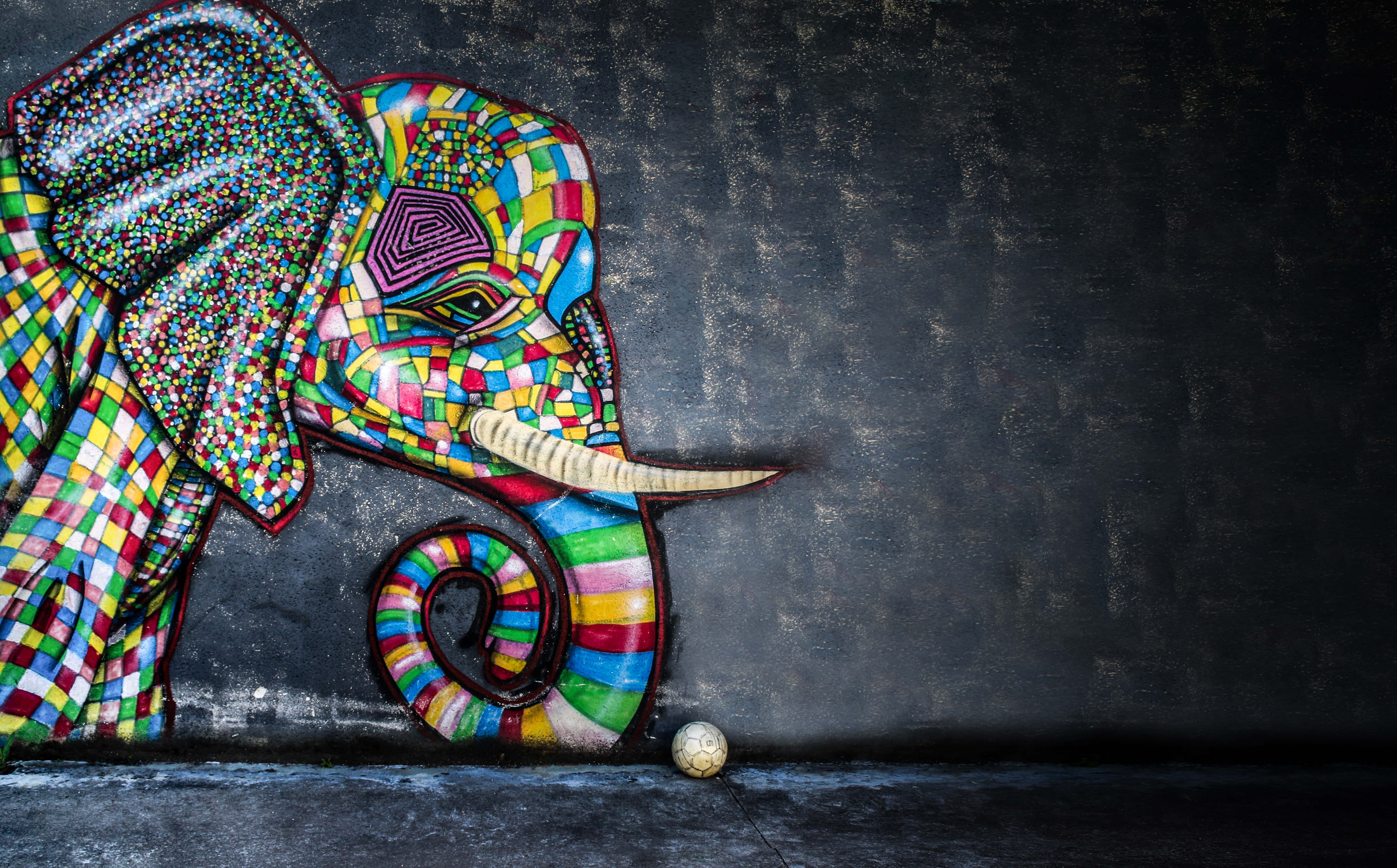 Colorful Graffiti Art, mosaic elephant mural, dark textured wall, 5K Desktop Wallpaper