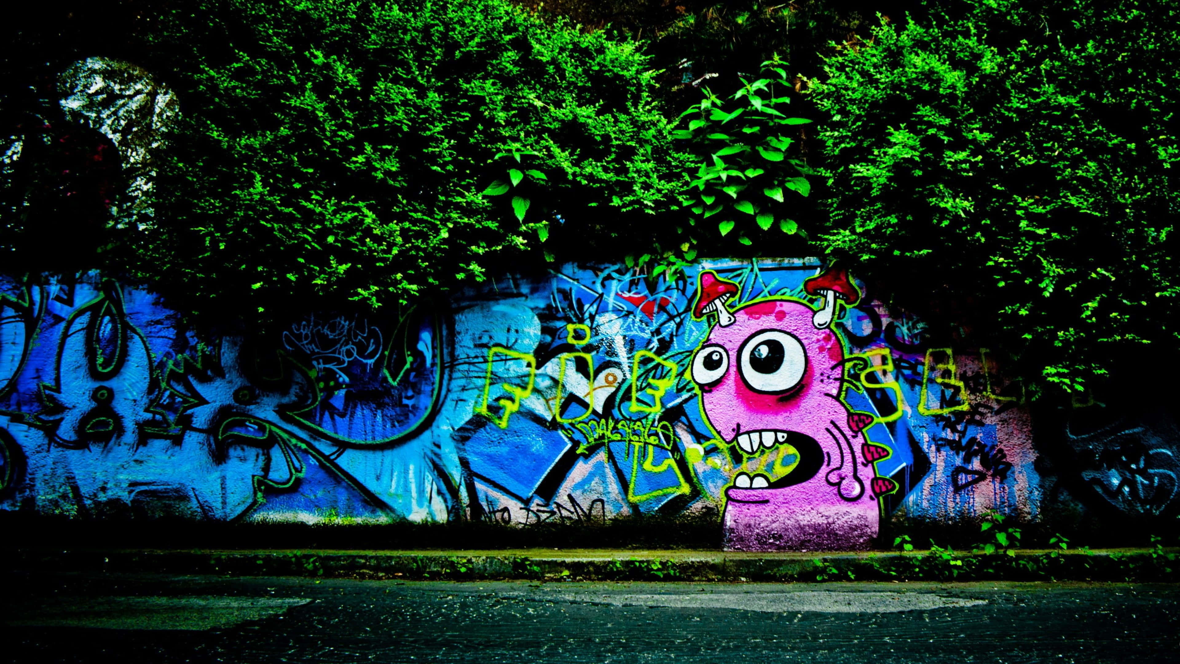 pink cartoon monster, glowing eyes, horns, 4K Desktop Wallpaper