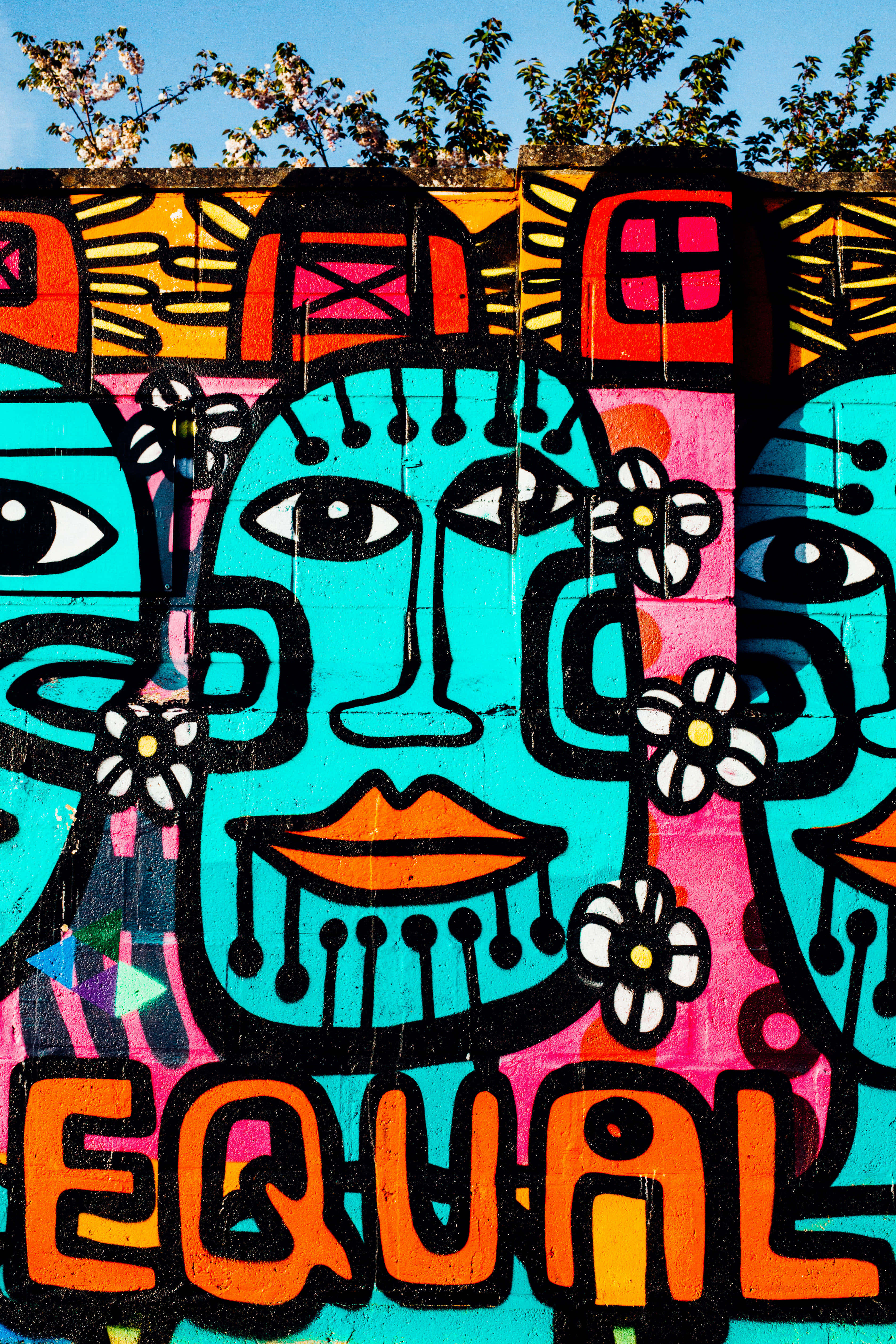 turquoise faces, flowers, orange EQUAL text, 4K Phone Wallpaper