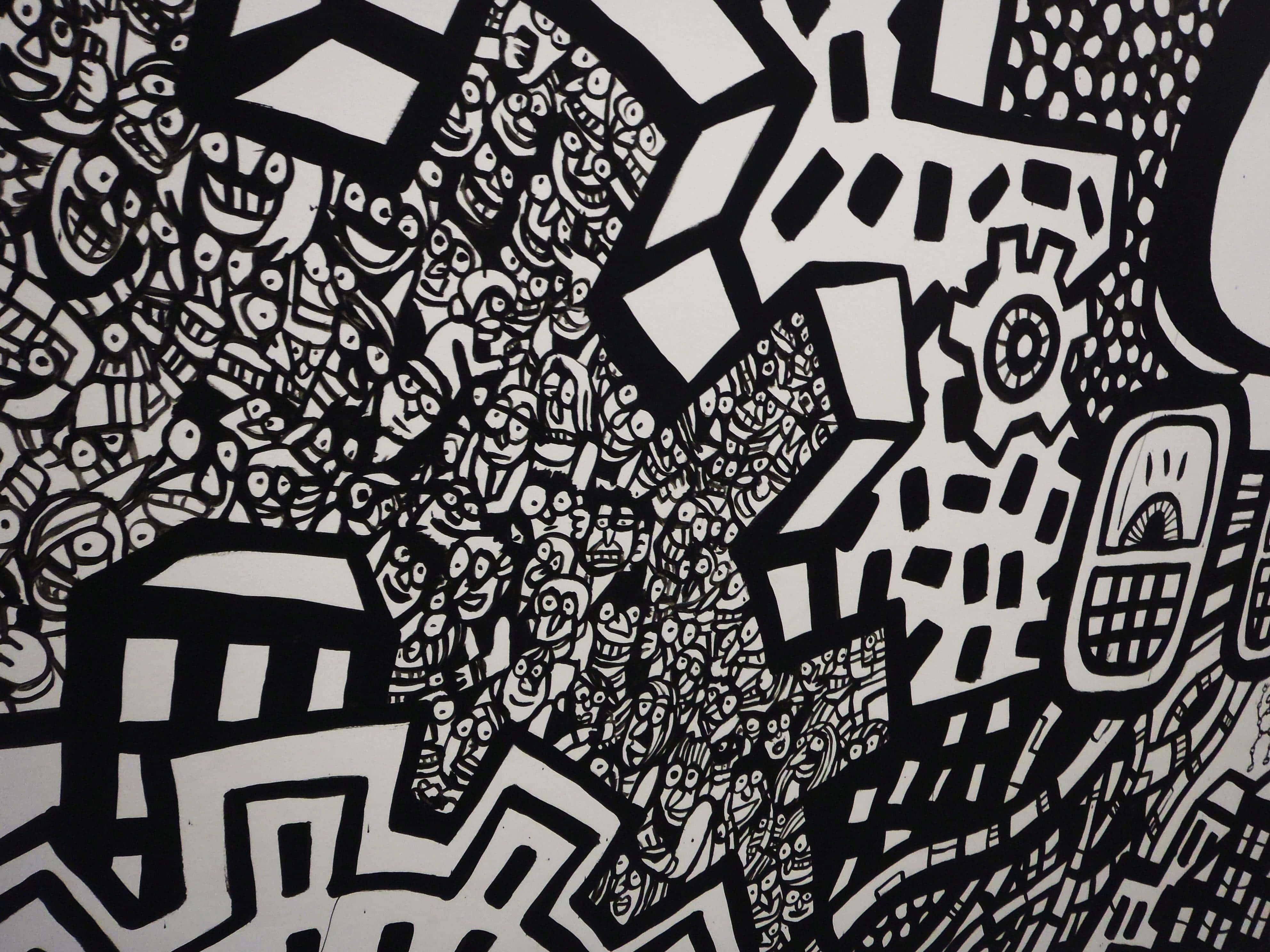 black and white, abstract illustration, stylized faces, 4K Desktop Wallpaper