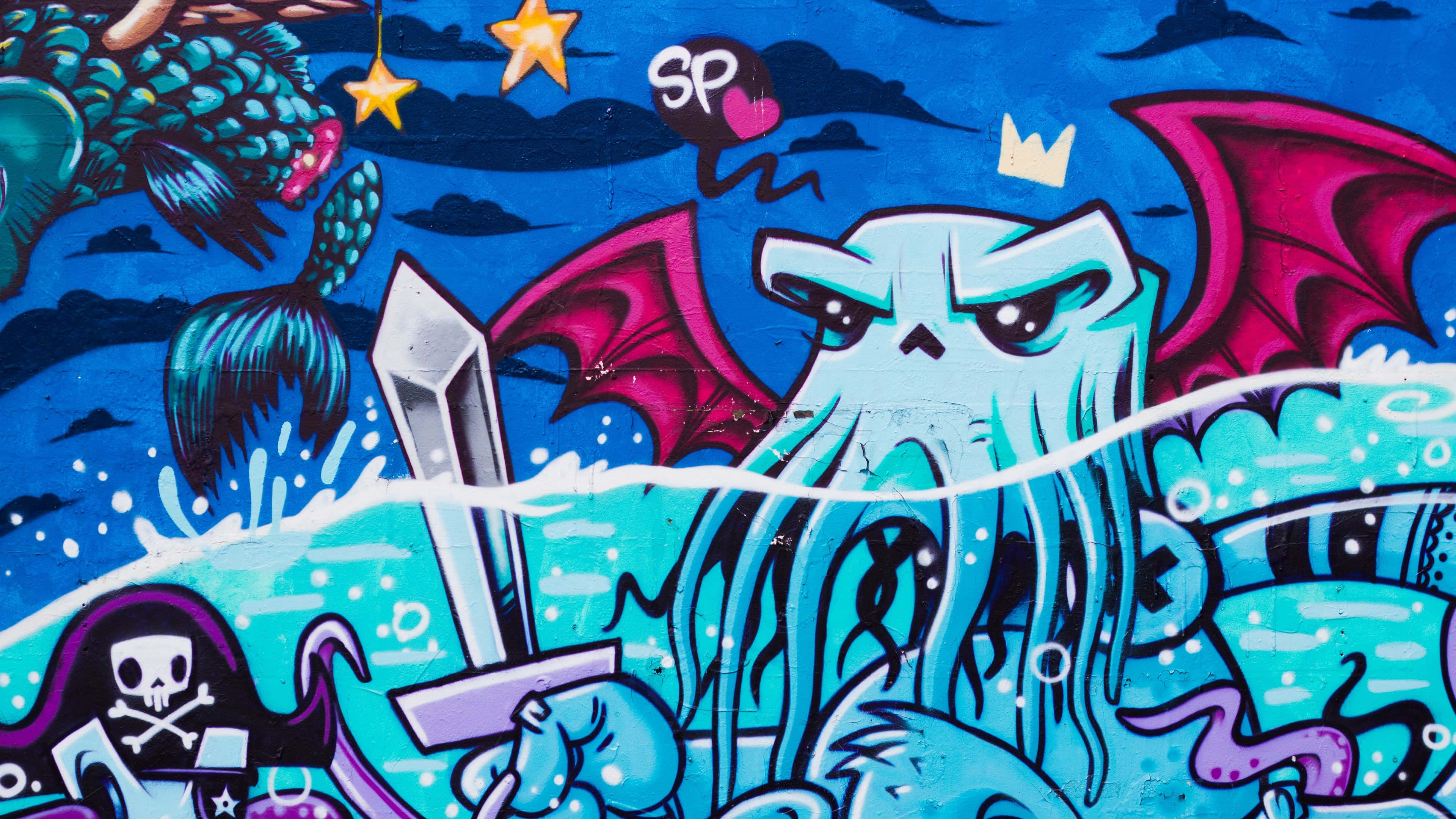 graffiti wall, multi-colored painting, cartoonish octopus, 4K Desktop Wallpaper