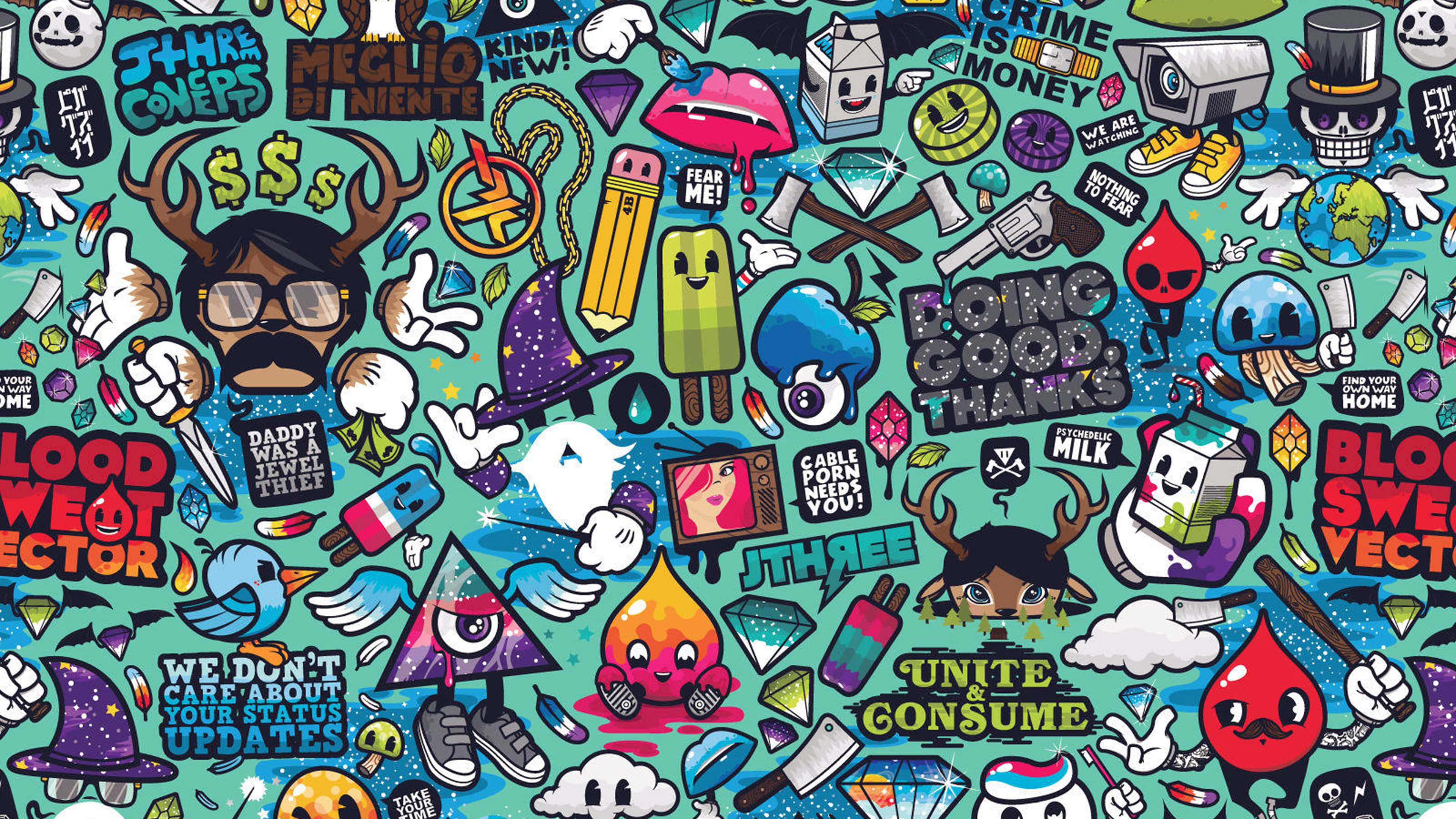 teal background, cartoonish pop culture icons, skulls, 4K Desktop Wallpaper