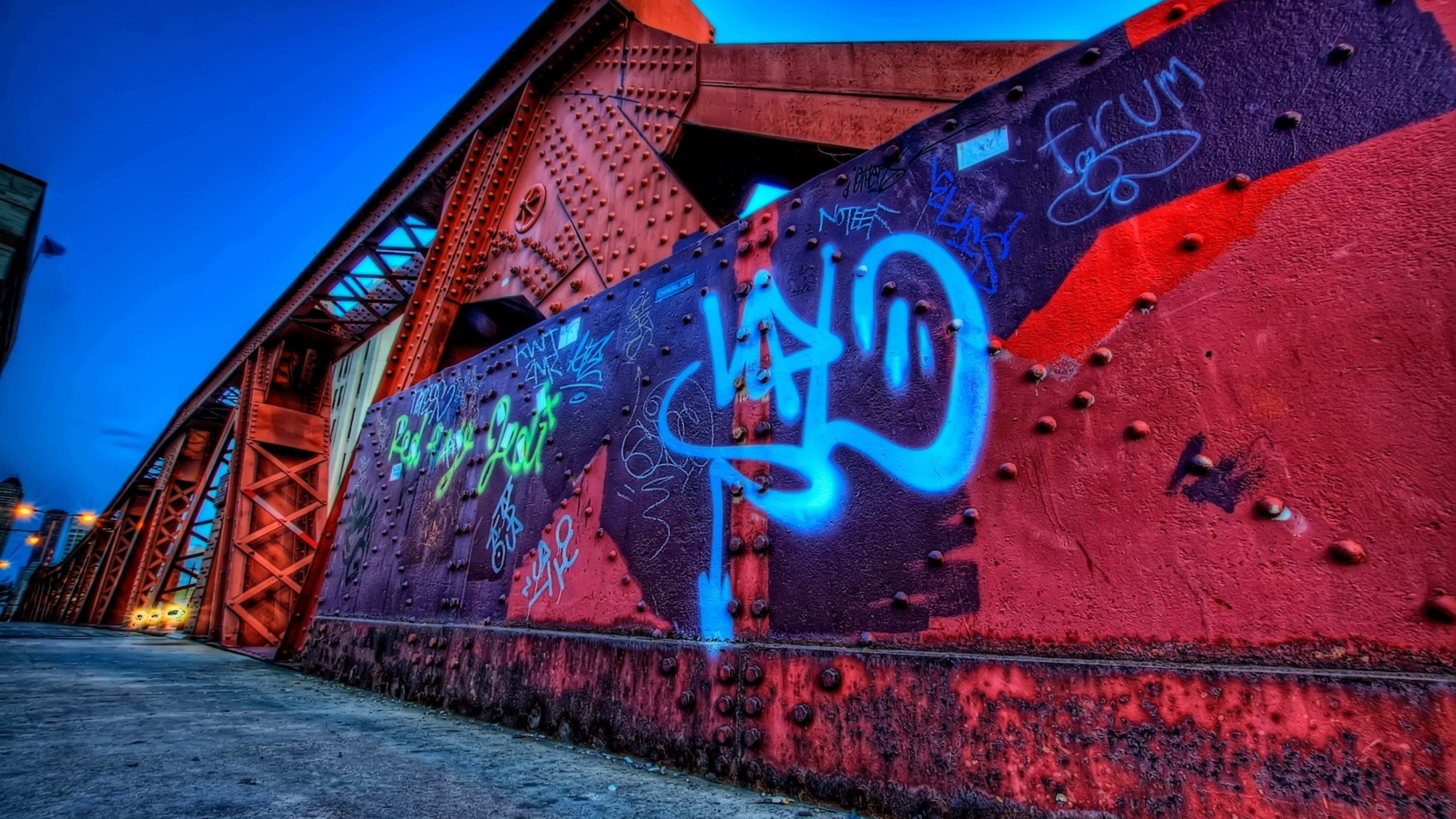 electric blue, green, rusted red steel bridge, 4K Desktop Wallpaper