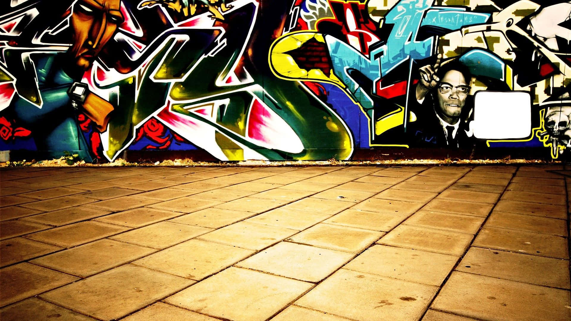 Graffiti Desktop, concrete wall, tiled pavement, Full HD Desktop Wallpaper