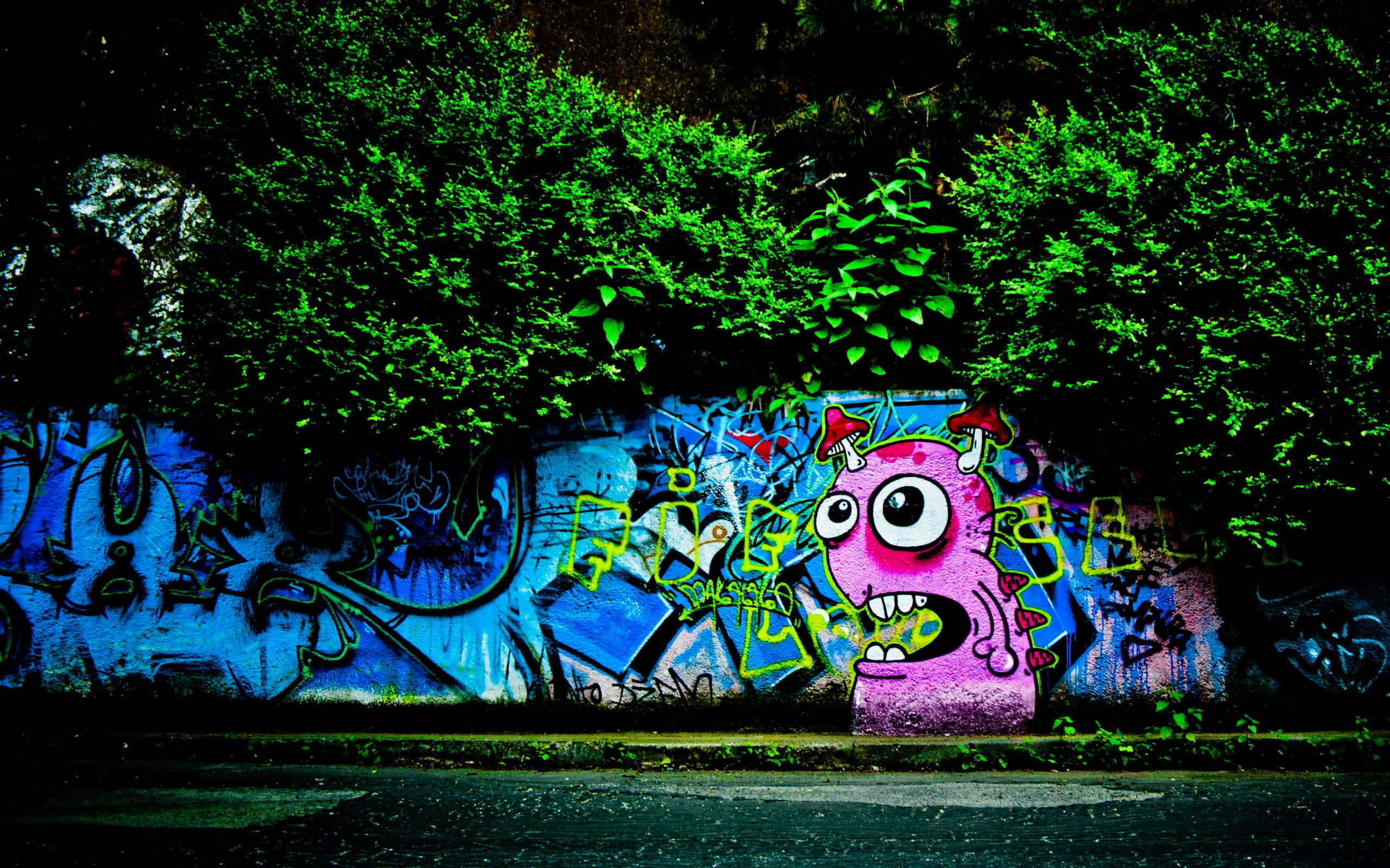 Graffiti Desktop, pink cartoon monster, big eyes, 2K Desktop Wallpaper
