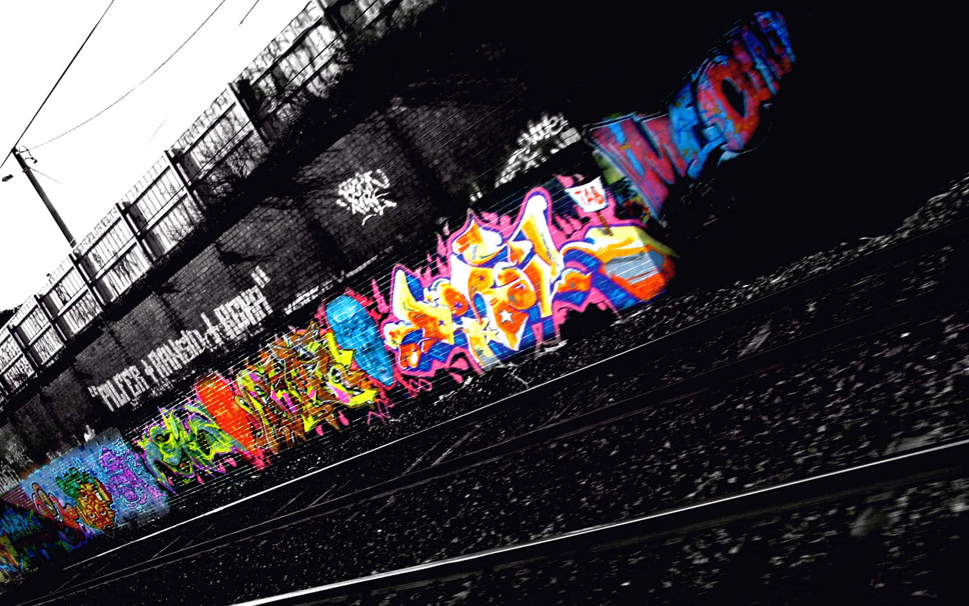 Graffiti Desktop, neon colors, dark railway wall, Full HD Desktop Wallpaper