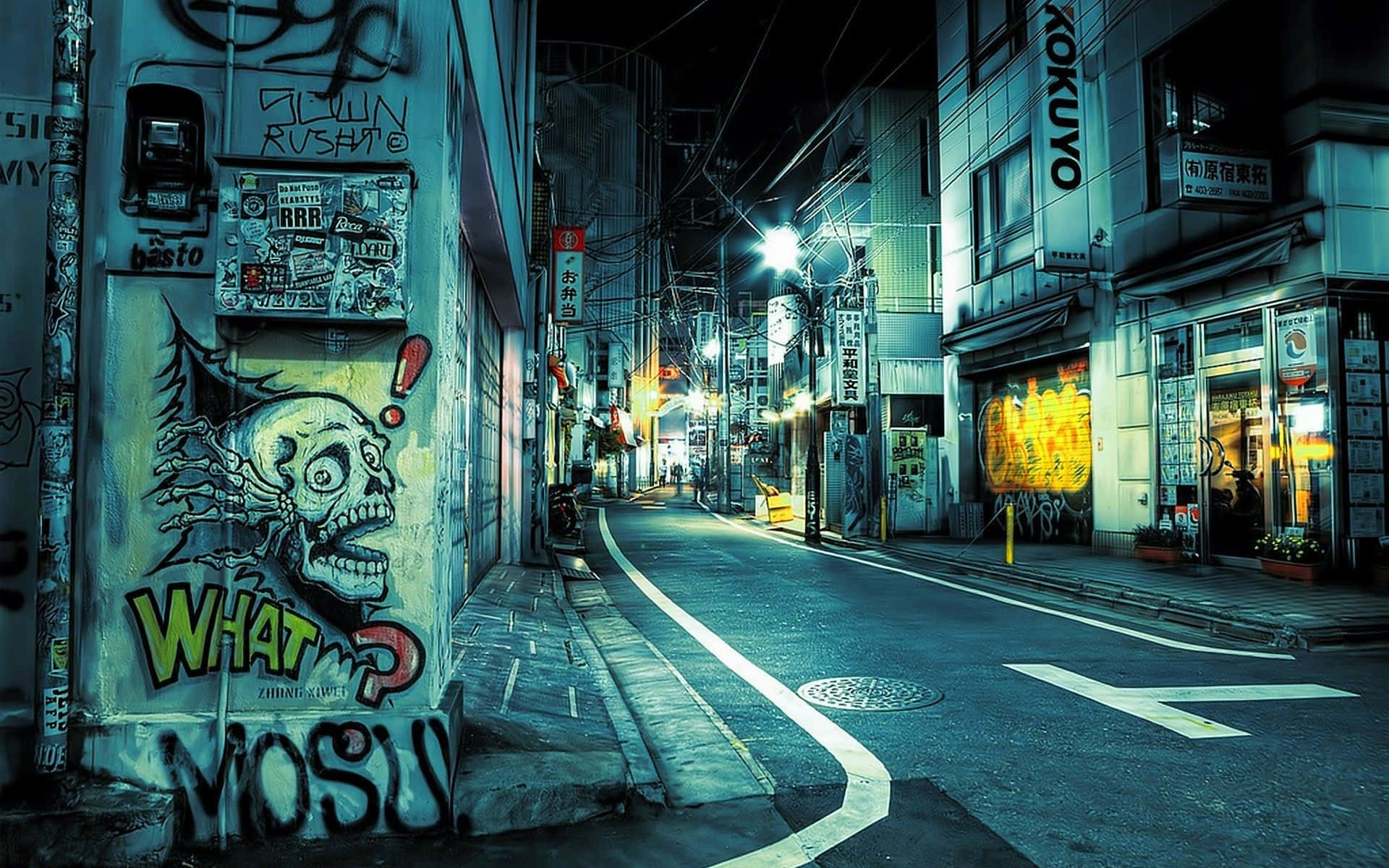 Graffiti Desktop, neon-lit urban alley, night, Full HD Desktop Wallpaper