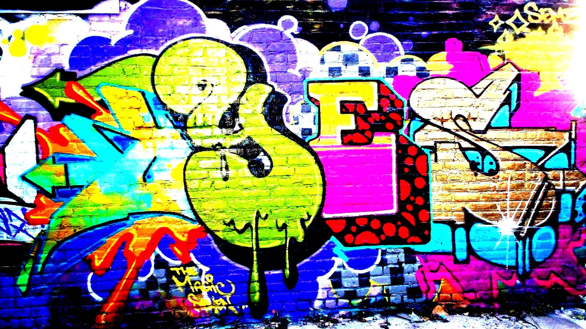 Graffiti Desktop, brick wall, neon colors, Full HD Desktop Wallpaper