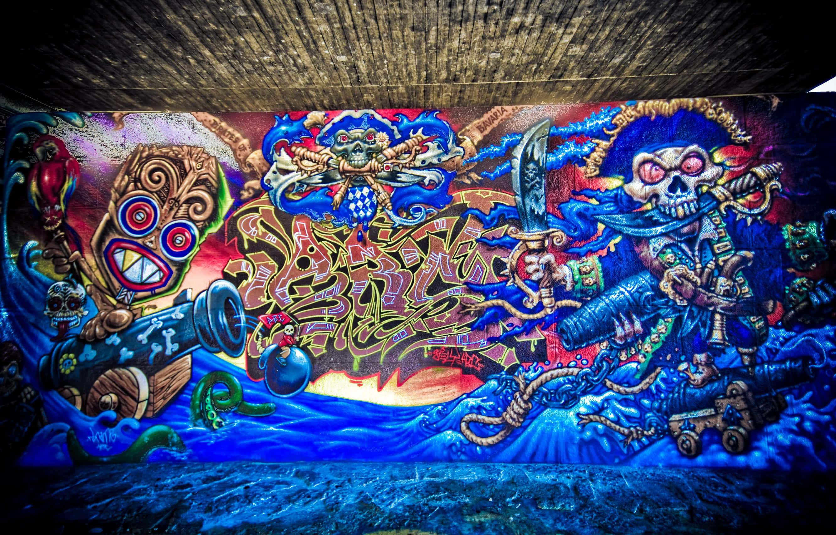 Graffiti Desktop, pirate skulls, tiki masks, 2K Desktop Wallpaper