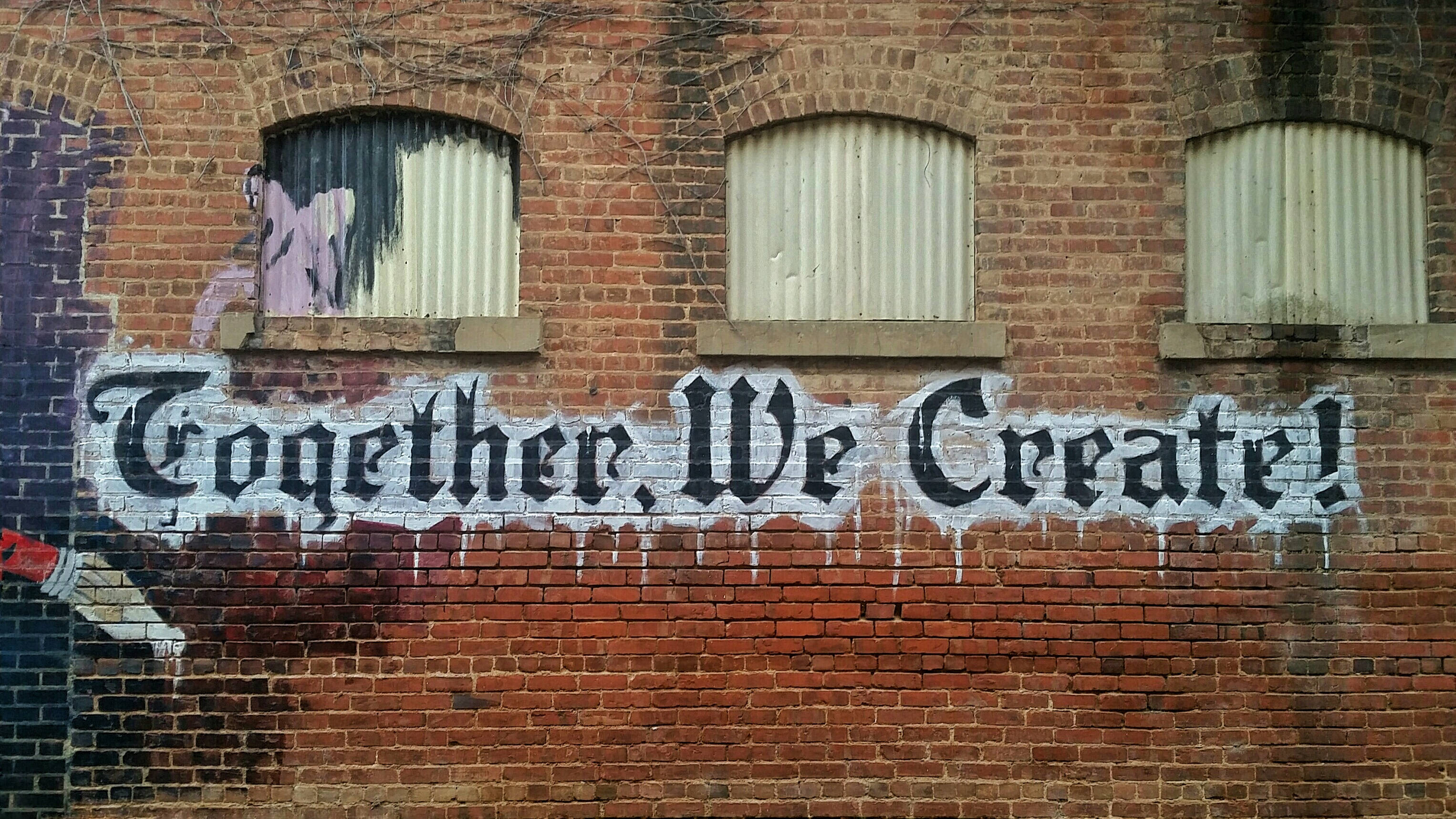 Black Letter Font, Together We Create, weathered brick wall, 2K Desktop Wallpaper