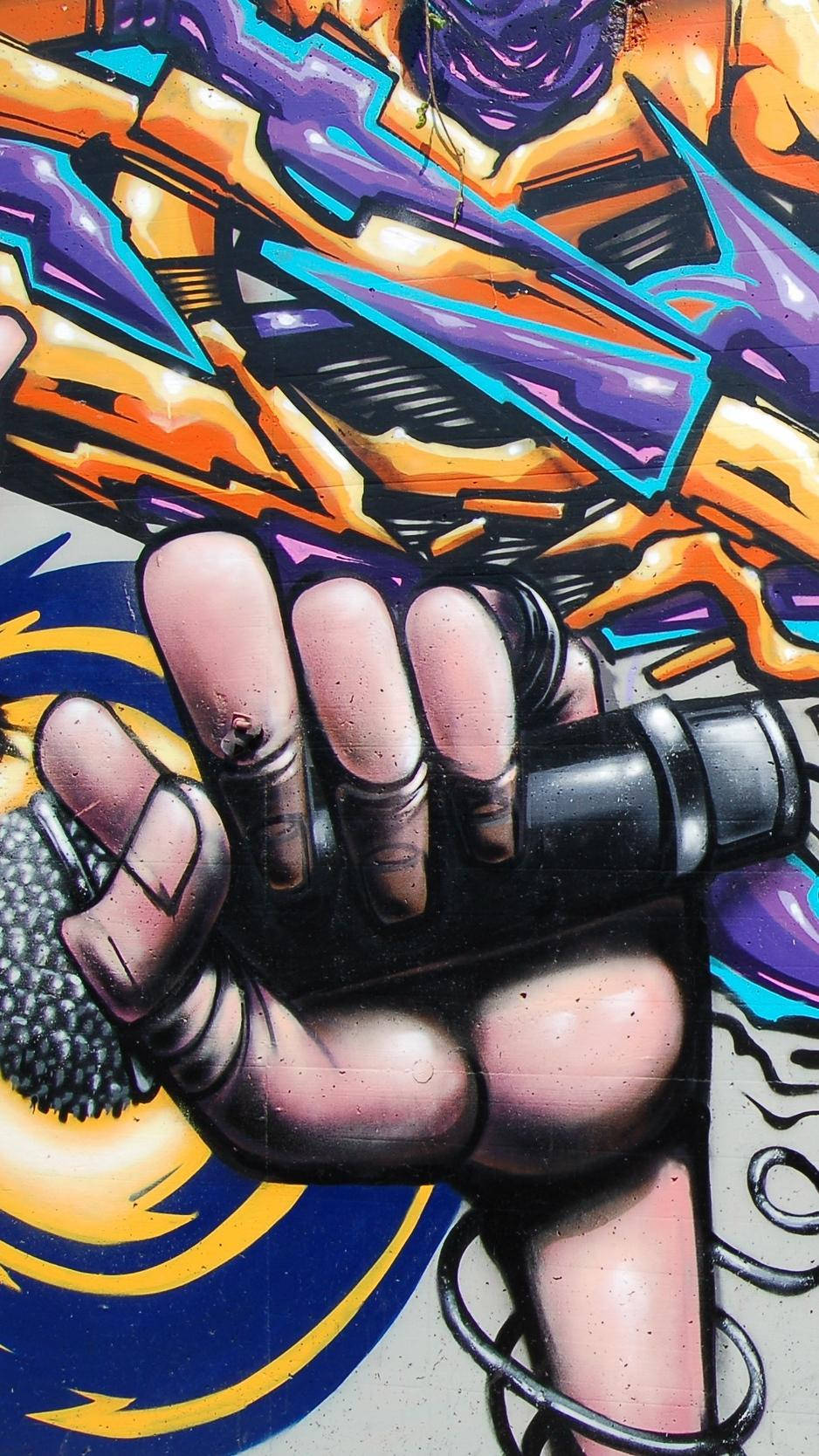 hand with microphone, graffiti mural, orange purple and blue abstract shapes, HD Phone Wallpaper