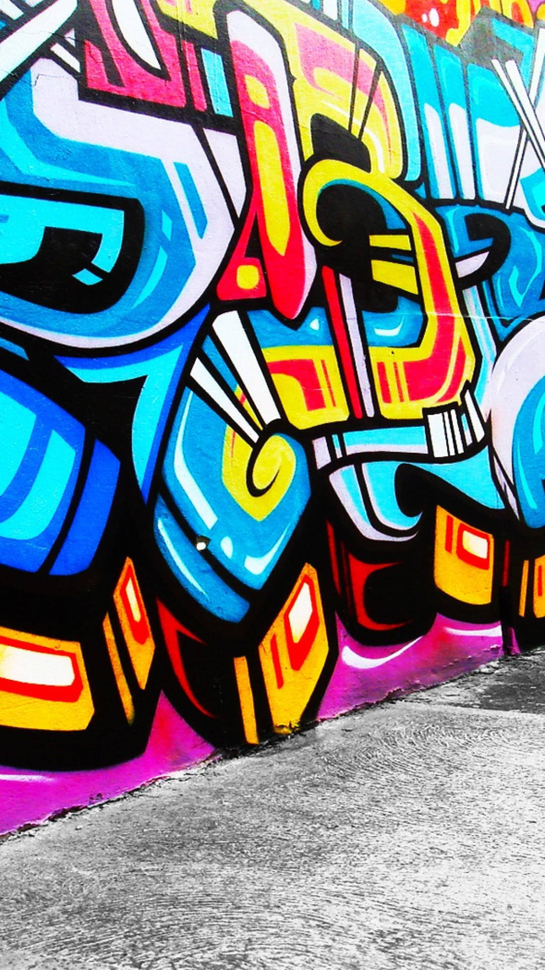 colorful abstract graffiti, bold blue pink and yellow, stylized letters and shapes, Full HD Phone Wallpaper
