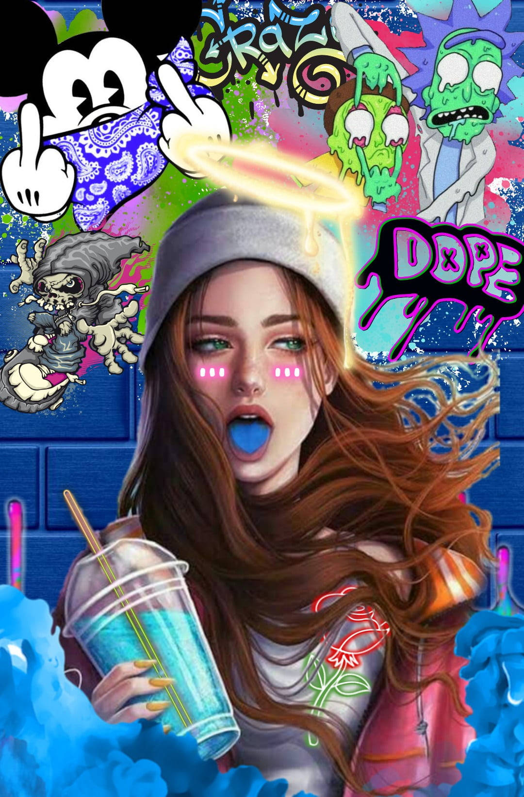 blue aesthetic wall graffiti iphone, glowing eyes, halo, HD Phone Wallpaper