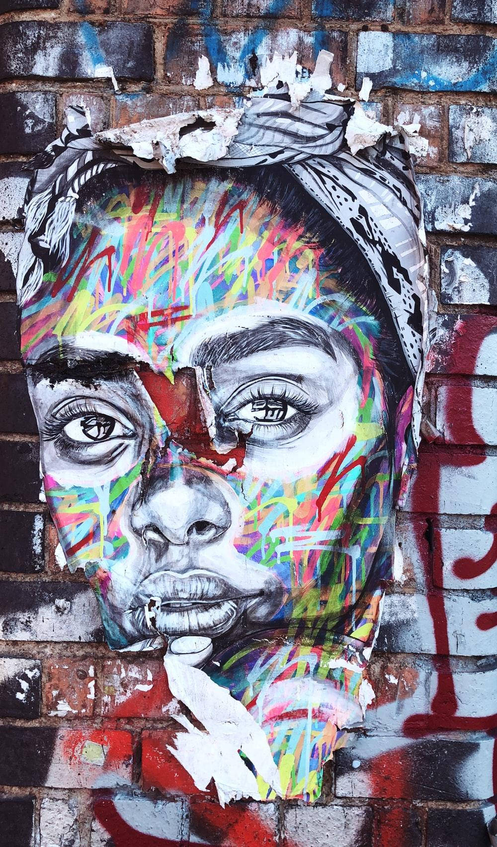 female portrait graffiti, woman's face, headwrap, HD Phone Wallpaper