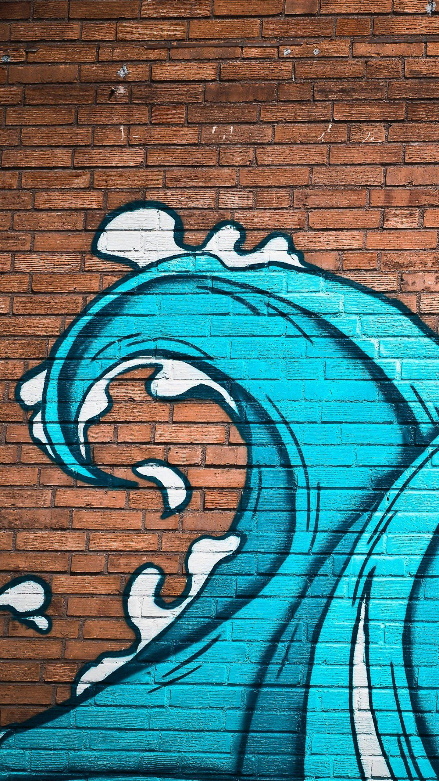 turquoise wave, white foam, weathered red brick wall, 2K Phone Wallpaper