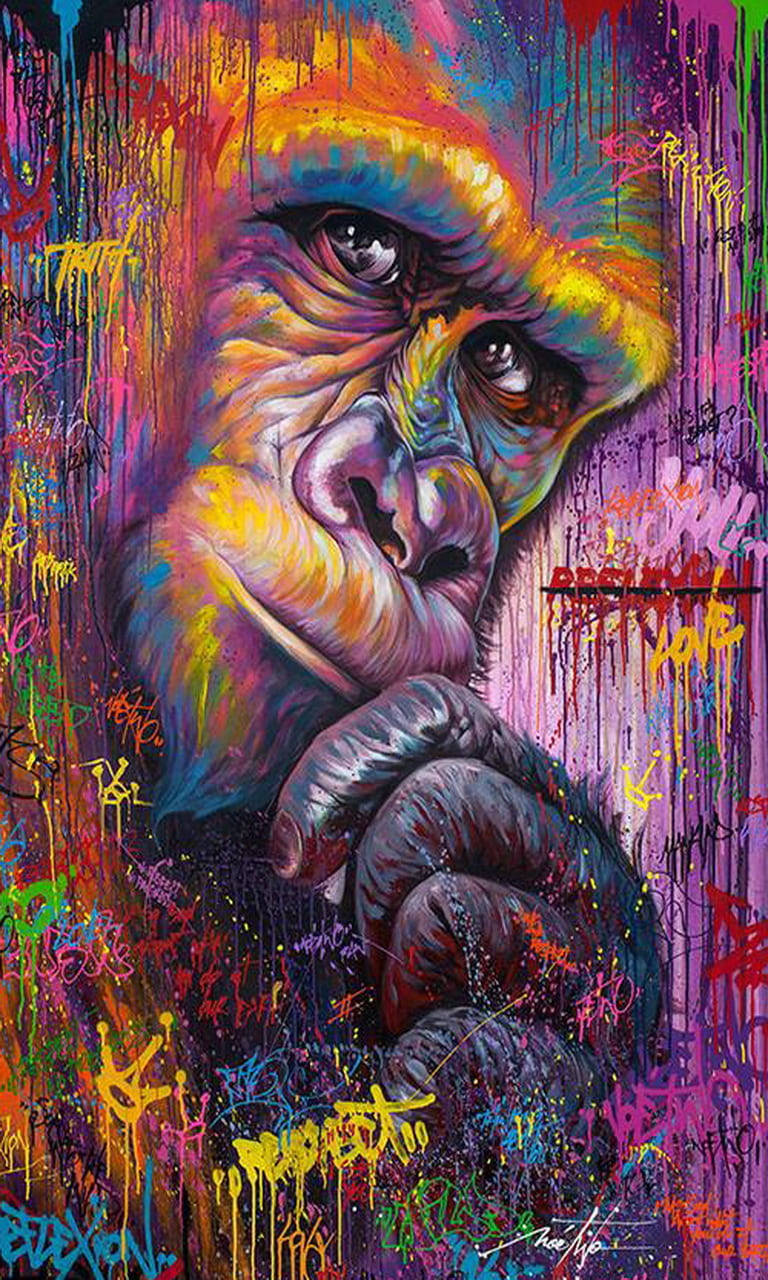 purple gorilla, wall graffiti, colorful graffiti, HD Phone Wallpaper