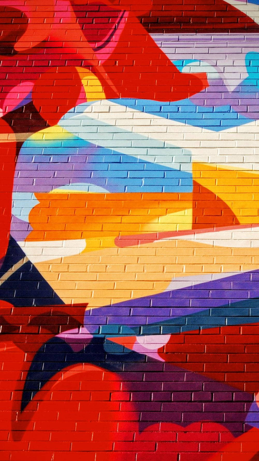 red brick wall, geometric shapes, rainbow hues, HD Phone Wallpaper